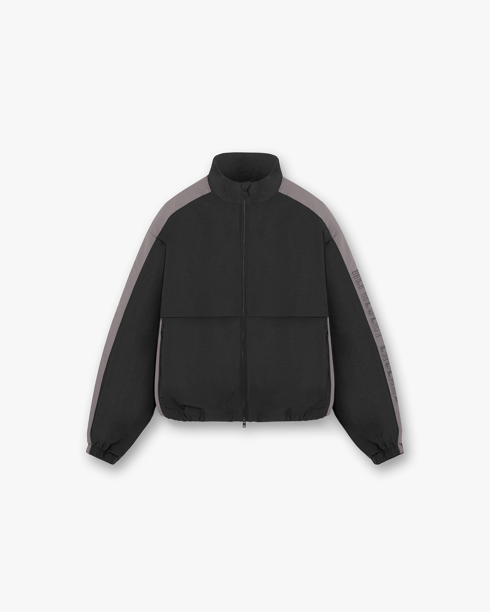 Front product image of a mens black nylon jacket on a plain white background | Nylon Track Jacket in Black | Lightweight nylon track jacket | PRE SS25 Outerwear | Represent Clo