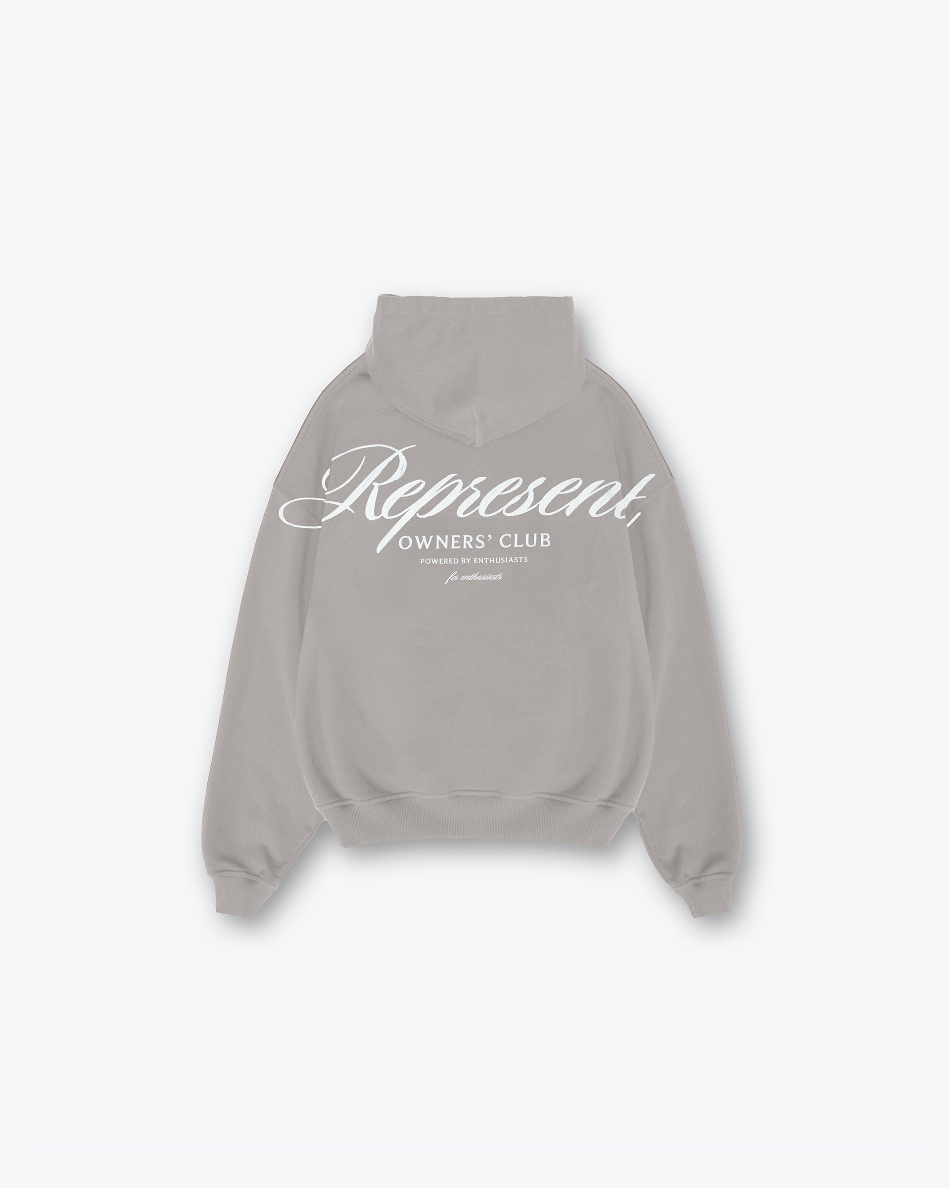 Back product image of a mens slate hoodie on a plain white background | Represent Owners Club Script Hoodie in Slate | Hoodie with ribbed trims and Cobrax popper | Owners Club Hoodies | Represent Clo