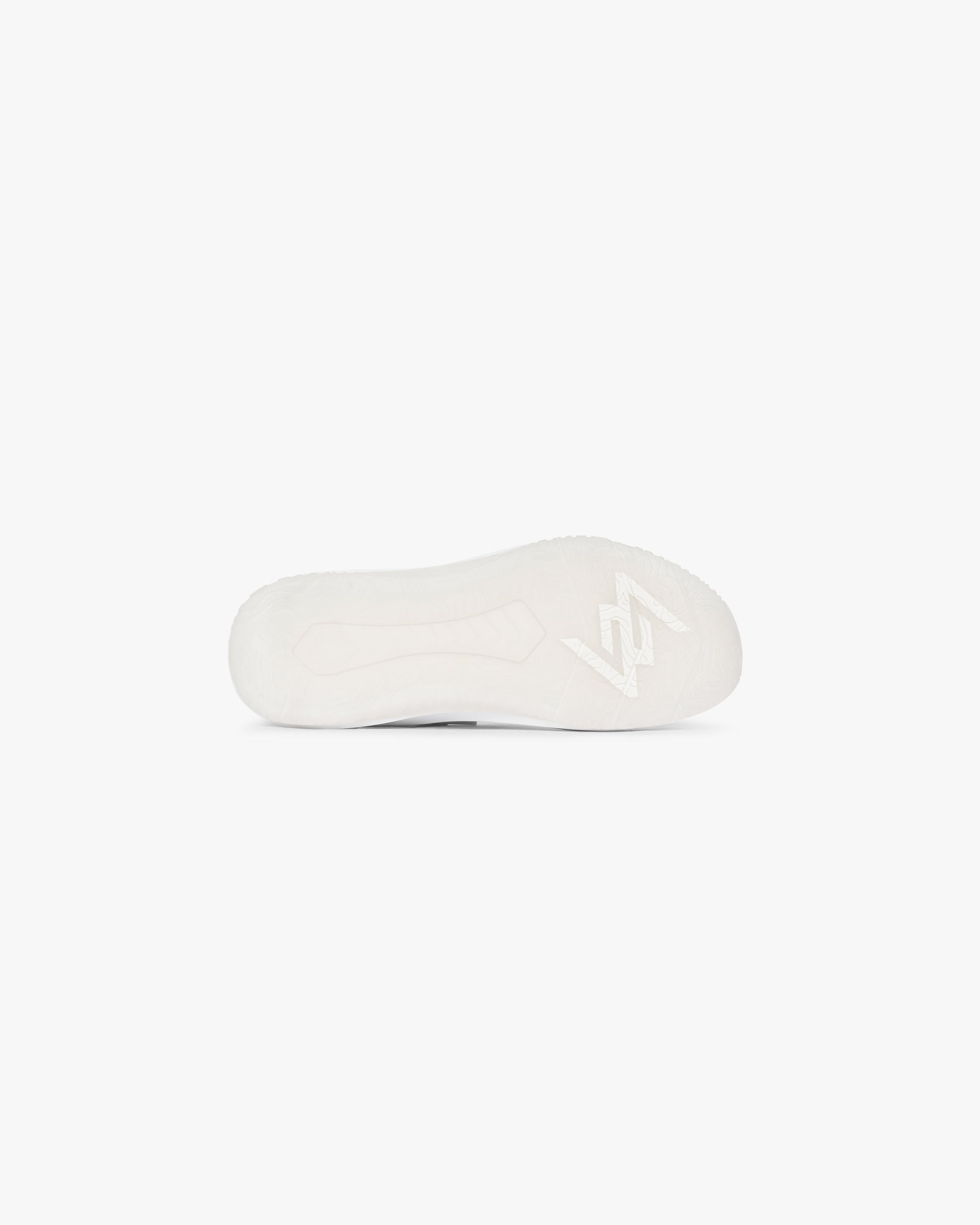 Back product image of a mens white trainer on a plain white background | 247 Arc-2 Trainer in Flat White | Trainer with engineered knitted upper and TPU overlays | 247 Footwear | Represent Clo