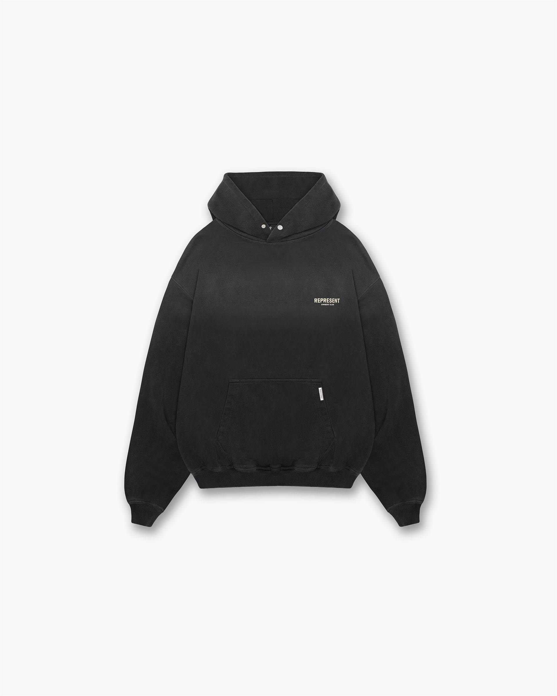 Back product image of a mens black hoodie on a plain white background | Represent Owners Club Hoodie in Aged Black | Oversized fit hoodie with faded wash and ribbed trims | Owners Club Hoodies | Represent Clo