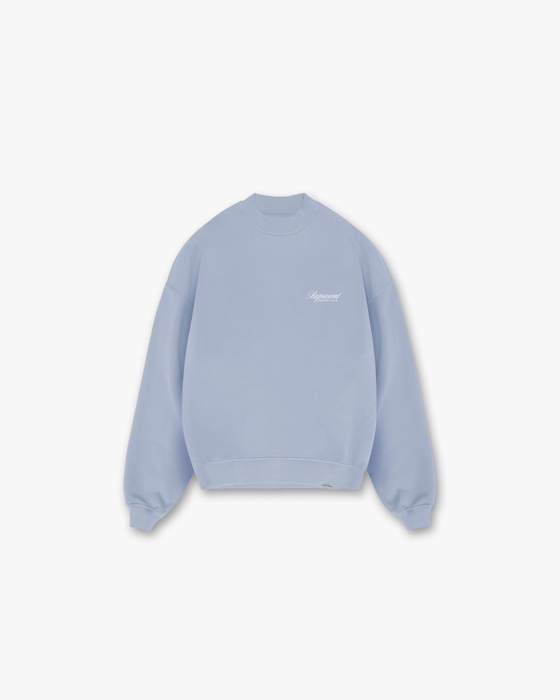 Front product image of a mens blue sweater on a plain white background | Represent Owners Club Script Sweater in Dusty Blue | Sweater with script detailing | Owners Club Sweaters | Represent Clo