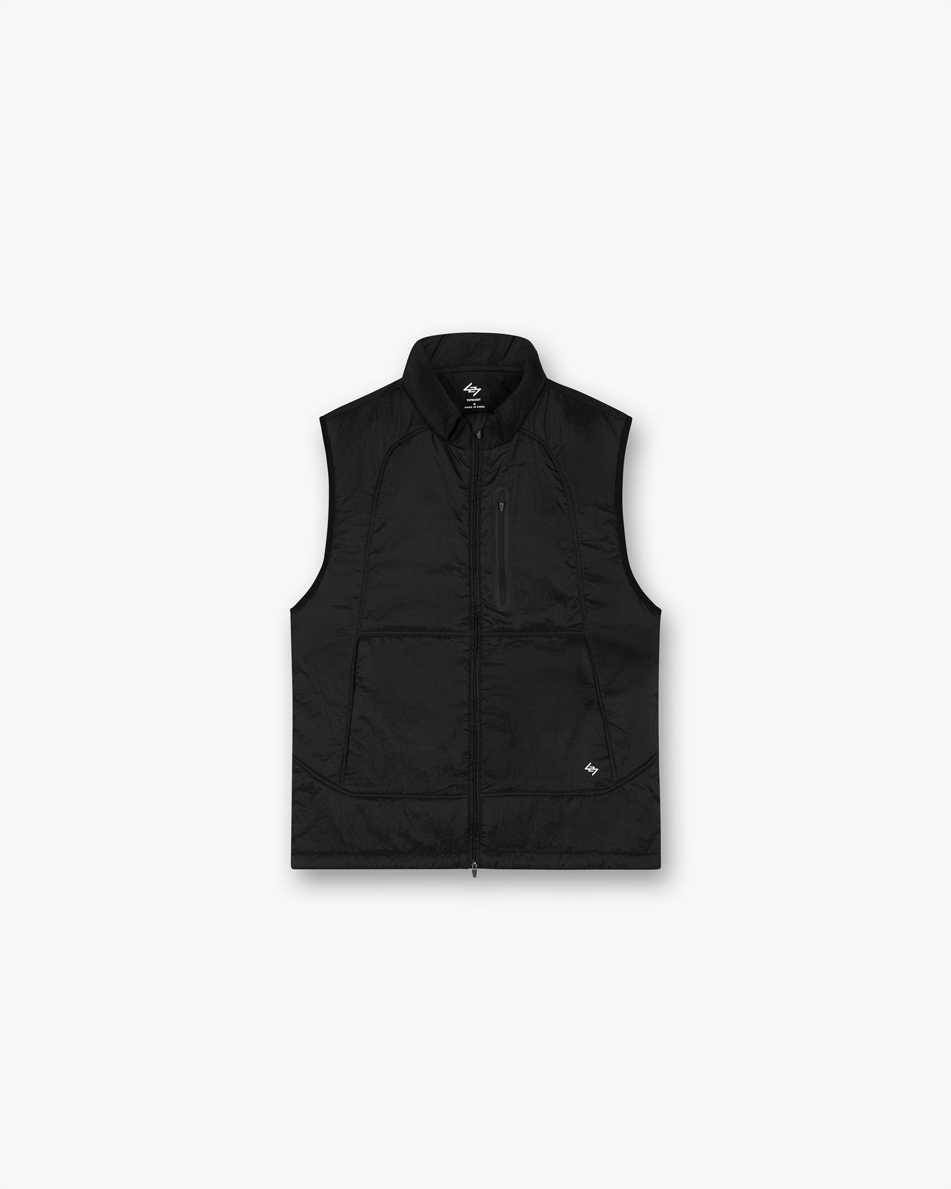 Front product image of a mens black gilet on a plain white background | 247 Run Gilet in Black | Lightweight gilet with storm colourway and cropped fit | 247 Outerwear | Represent Clo