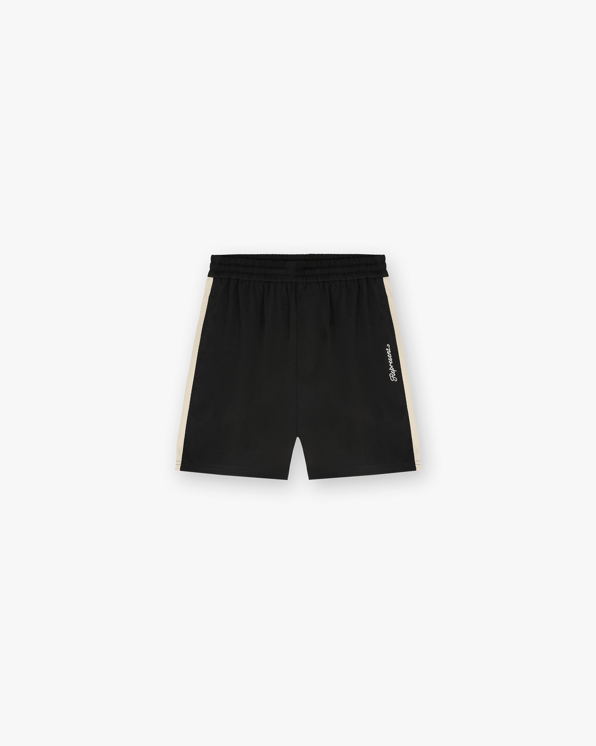Front product image of mens black shorts on a plain white background | Track Short in Jet Black | Classic athletic silhouette shorts | SC24 Shorts | Represent Clo