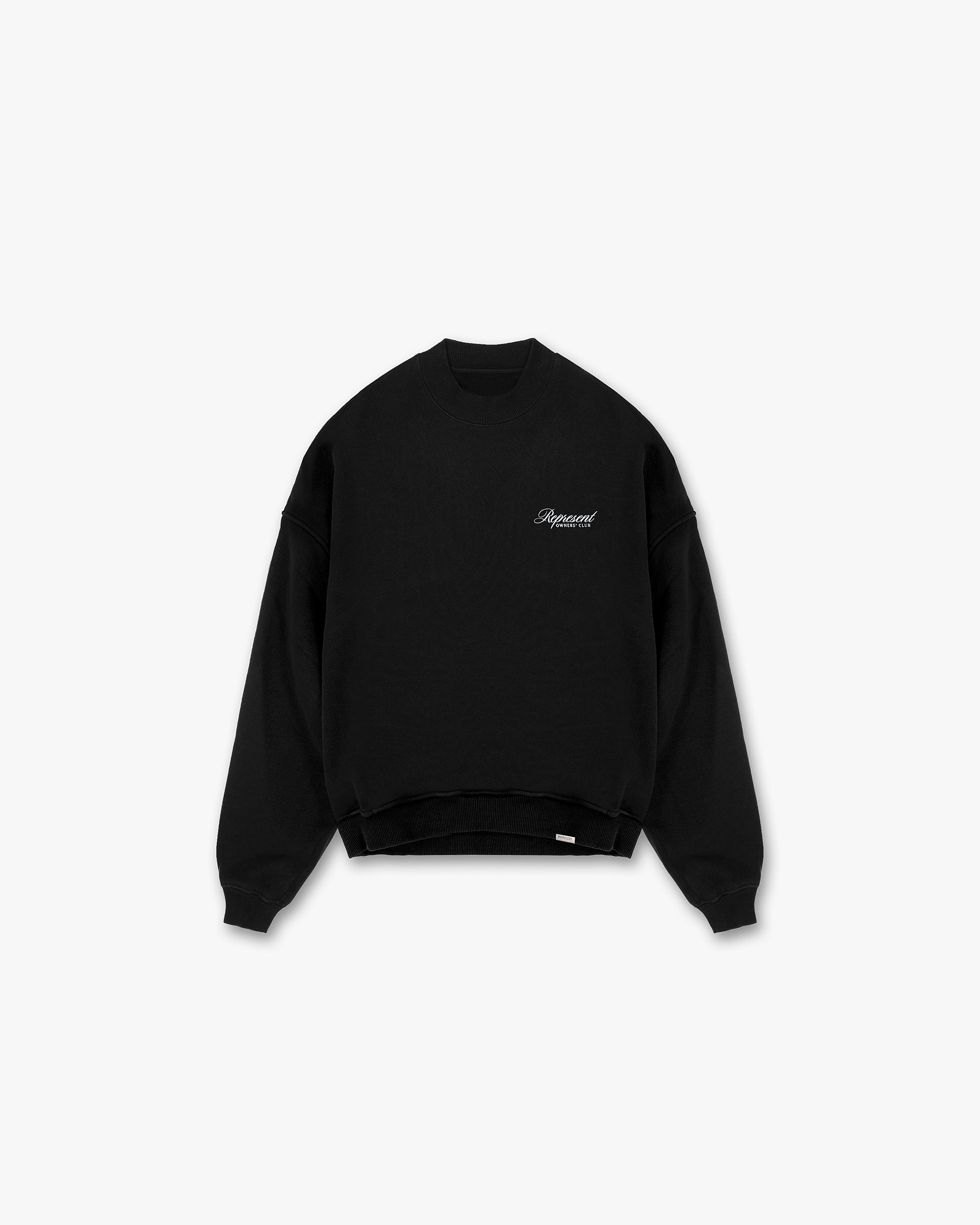 Front product image of a mens black sweater on a plain white background | Represent Owners Club Script Sweater in Black | Black sweater with signature script print | Owners Club Sweaters | Represent Clo