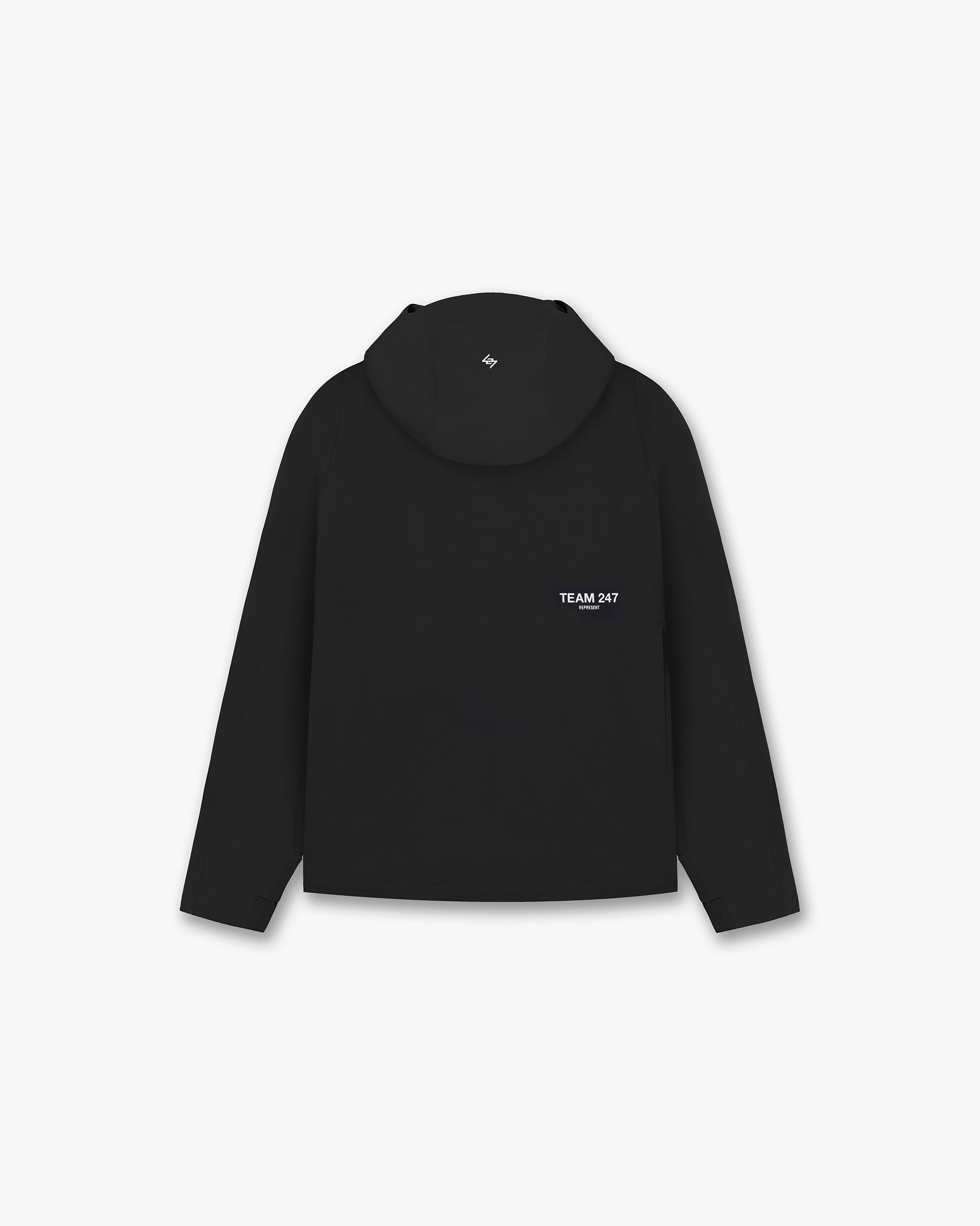 Back product image of a mens black jacket on a plain white background | Team 247 Technical Jacket in Black | Water resistant jacket with adjustable drawcord hood and ventilation | 247 Outerwear | Represent Clo