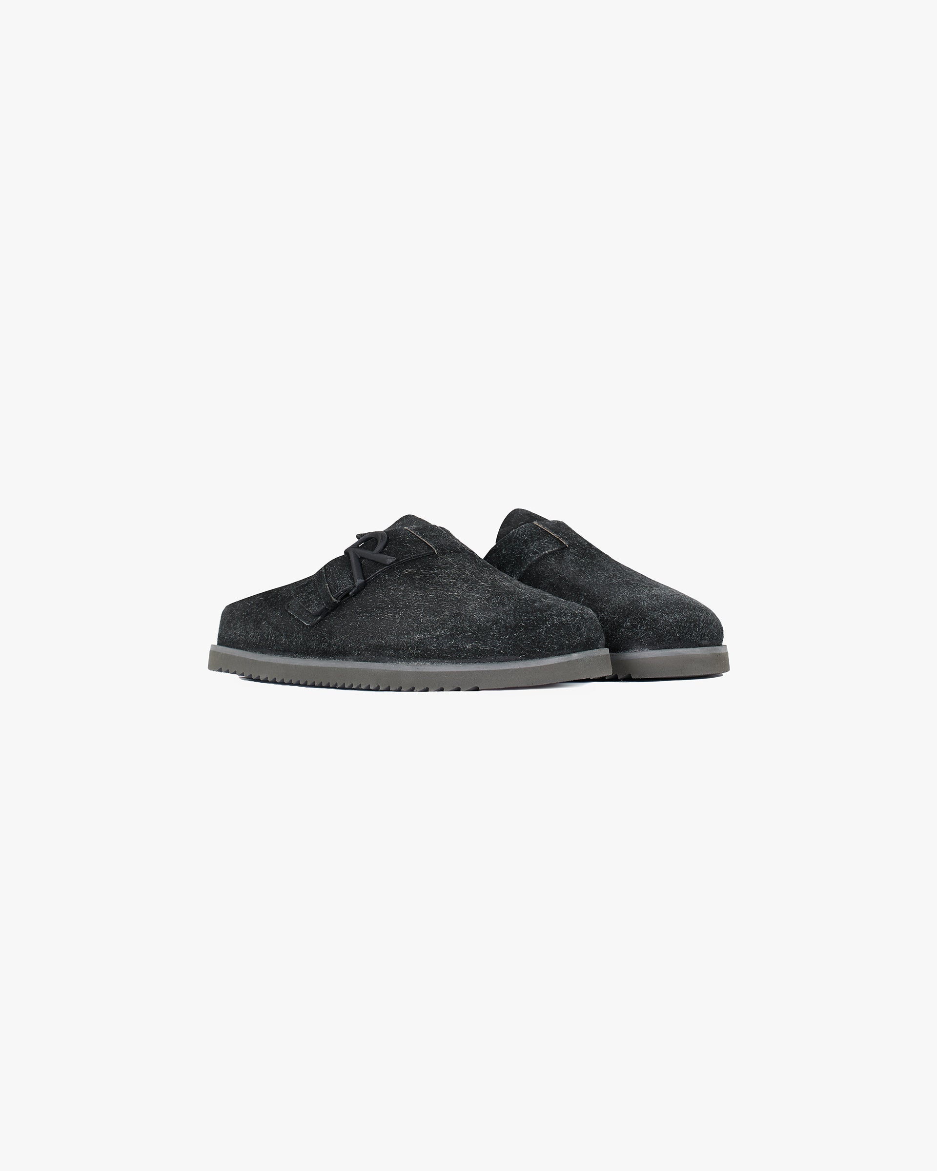 Back product image of mens black mules on a plain white background | Initial Mule in Off Black | Hairy suede mules with deep heel cup and arch support | FW24 Footwear | Represent Clo