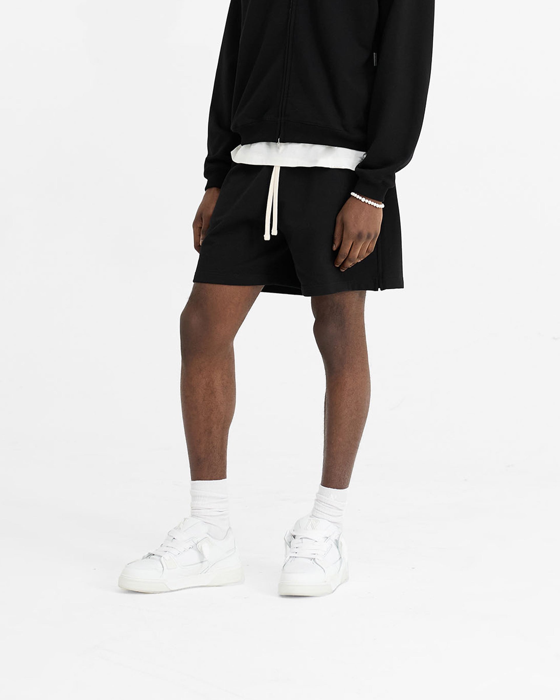 Back product image of mens black sweatshorts on a plain white background | Initial Sweatshorts in Black | Oversized boxy fit shorts with elasticated waistband | Initial Shorts | Represent Clo