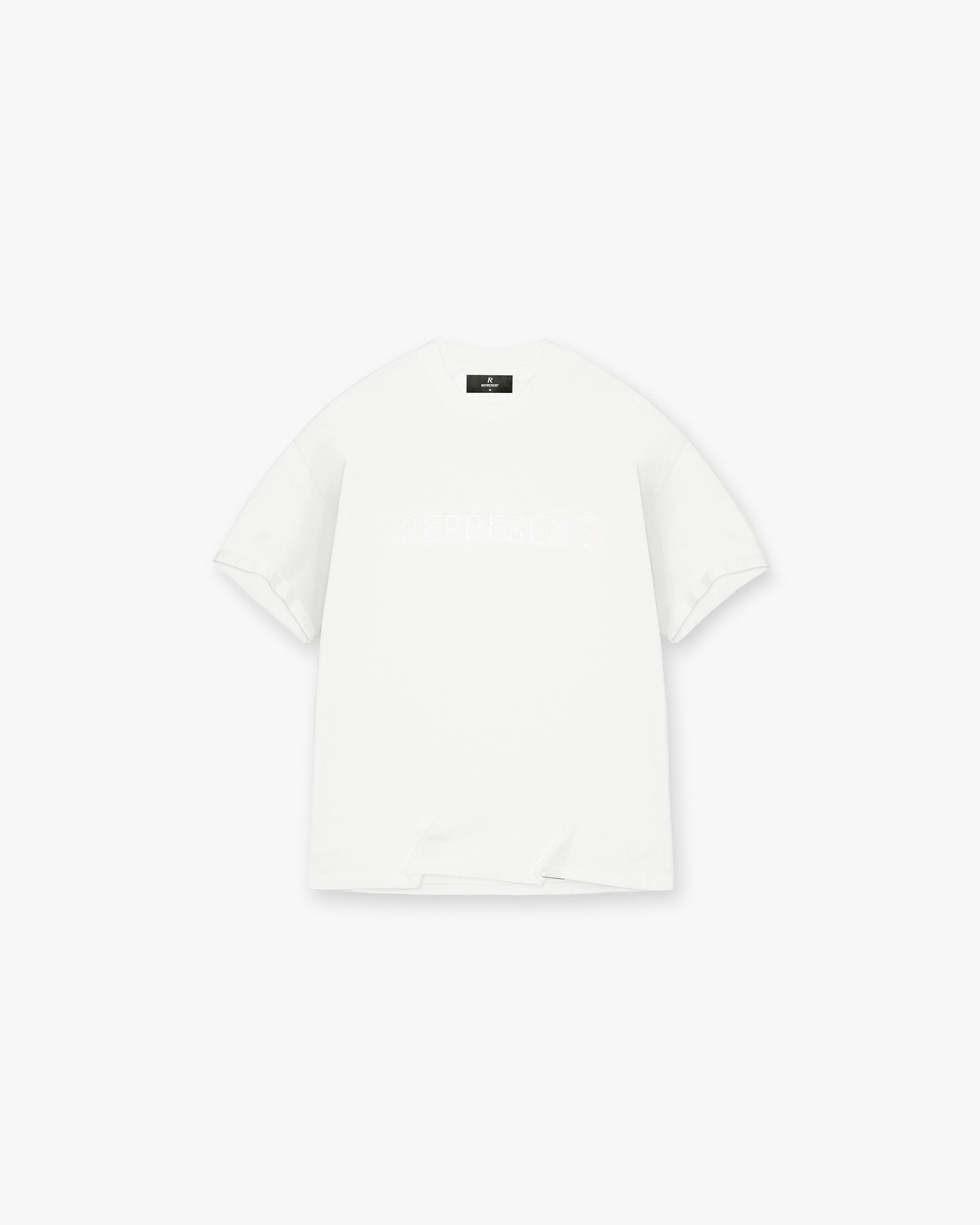 Front product image of a kids white t-shirt on a plain white background | Serif Logo T-Shirt in Flat White | Kids t-shirt with distressed applique logo | PRE SS25 T-Shirts | Represent Clo