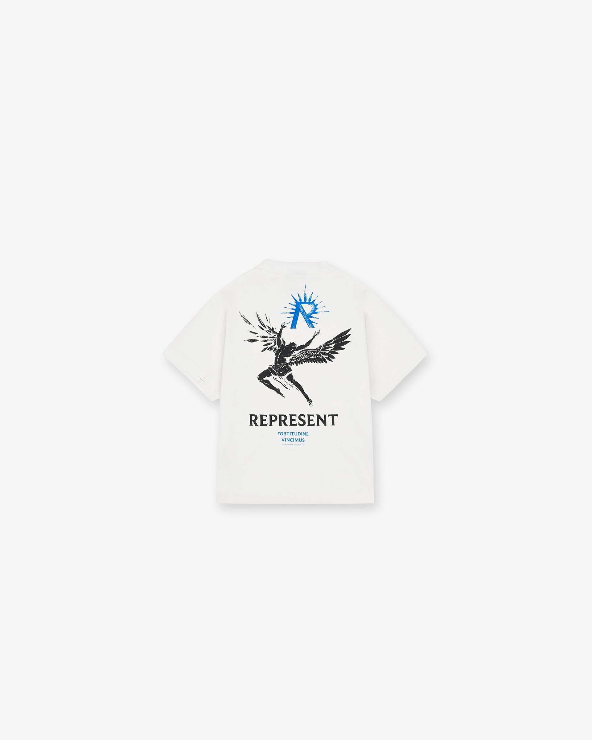 Back product image of a kids white t-shirt on a plain white background | Mini Icarus T-Shirt in Flat White | Oversized child's t-shirt with round neck | Mini T-Shirts | Represent Clo