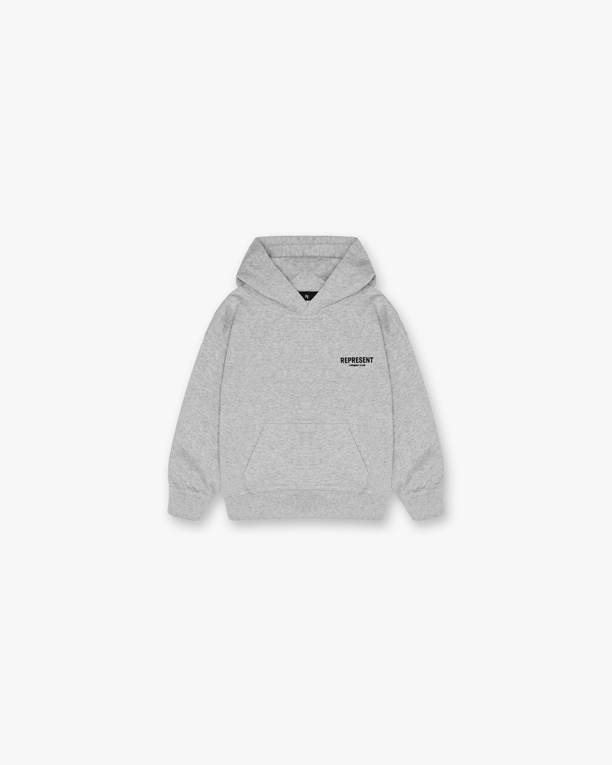 Back product image of a childs grey hoodie on a plain white background | Represent Mini Owners Club Hoodie in Ash Grey | Oversized kids hoodie with screen printed graphics | Owners Club Hoodies | Represent Clo