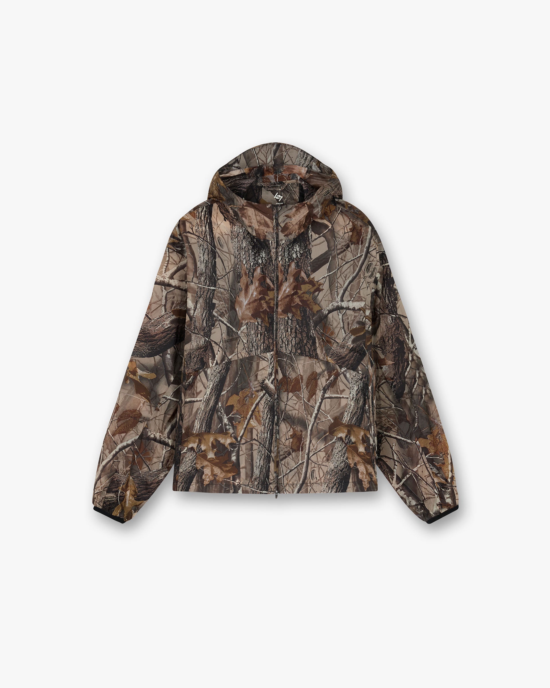 Front product image of a mens multi-color jacket on a plain white background | 247 Hooded Training Jacket in Realtree | Hooded outerwear with camouflage pattern | 247 Outerwear | Represent Clo