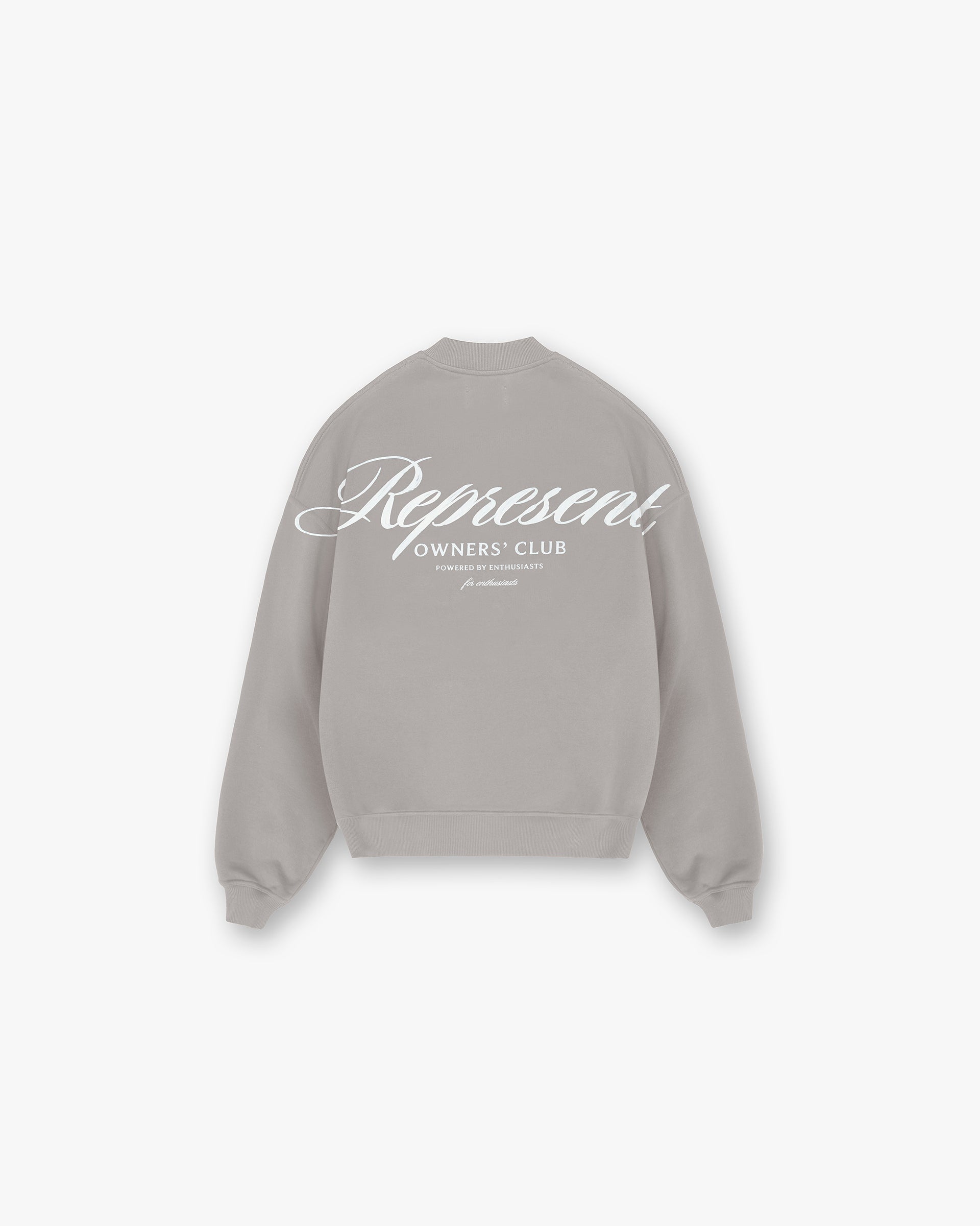 Back product image of a mens slate sweater on a plain white background | Represent Owners Club Script Sweater in Slate | Heavy weight jersey with oversized fit | Owners Club Sweaters | Represent Clo