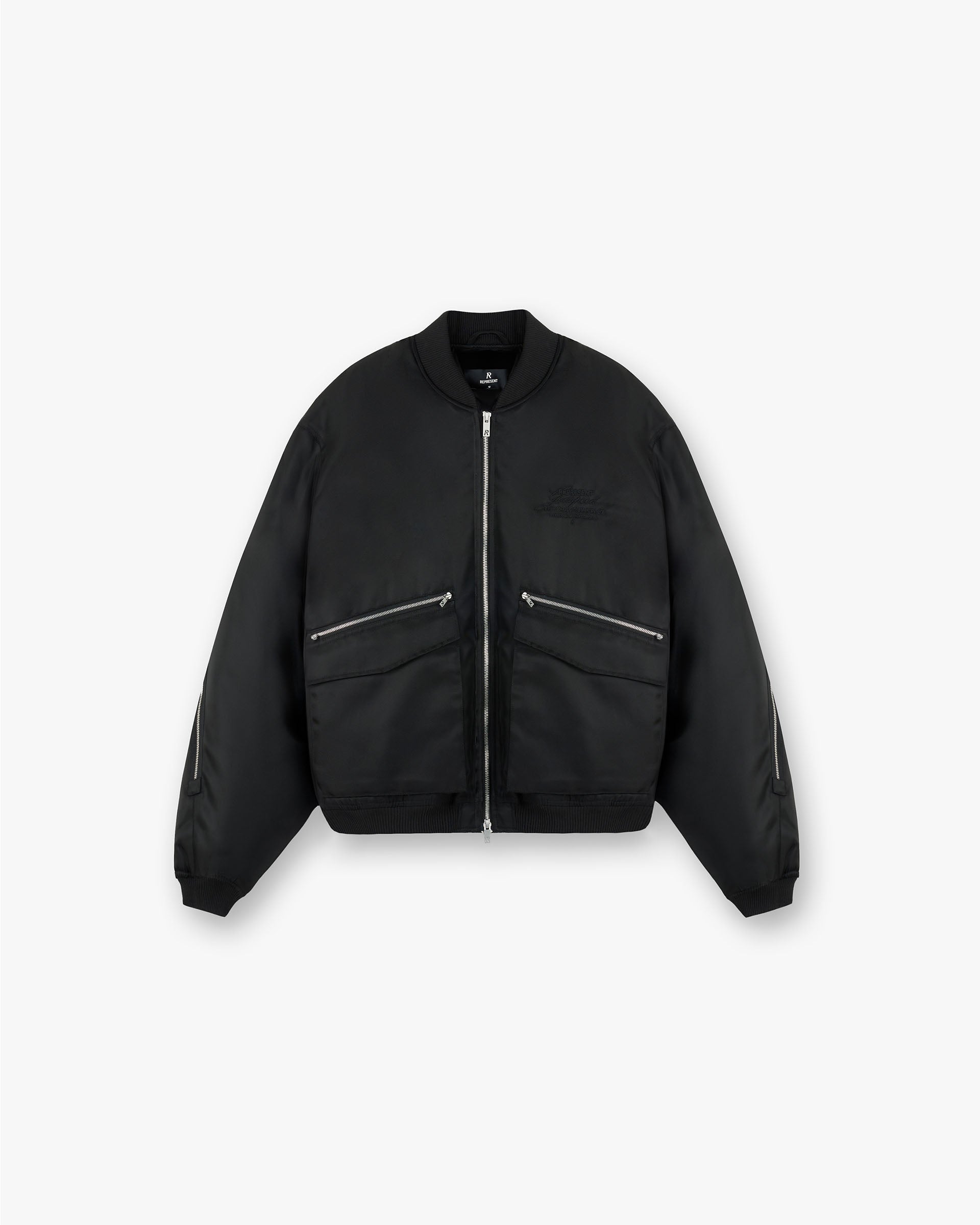 Front product image of a mens black bomber jacket on a plain white background | Zip Back Bomber Jacket in Jet Black | Bomber jacket with zip guard and shoulder gussets | FW24 Outerwear | Represent Clo