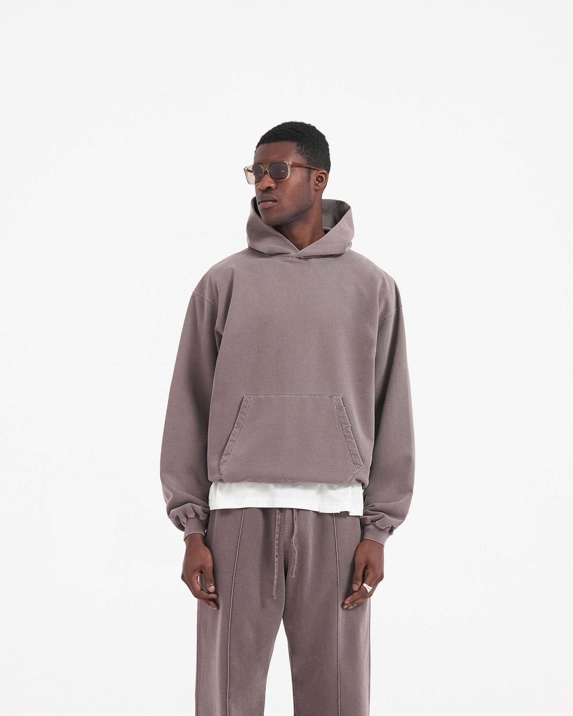 Back product image of a mens grey hoodie on a plain white background | Initial Hoodie in Fog | Boxy fit jersey cotton hoodie with embroidered logo | Initial Hoodies | Represent Clo