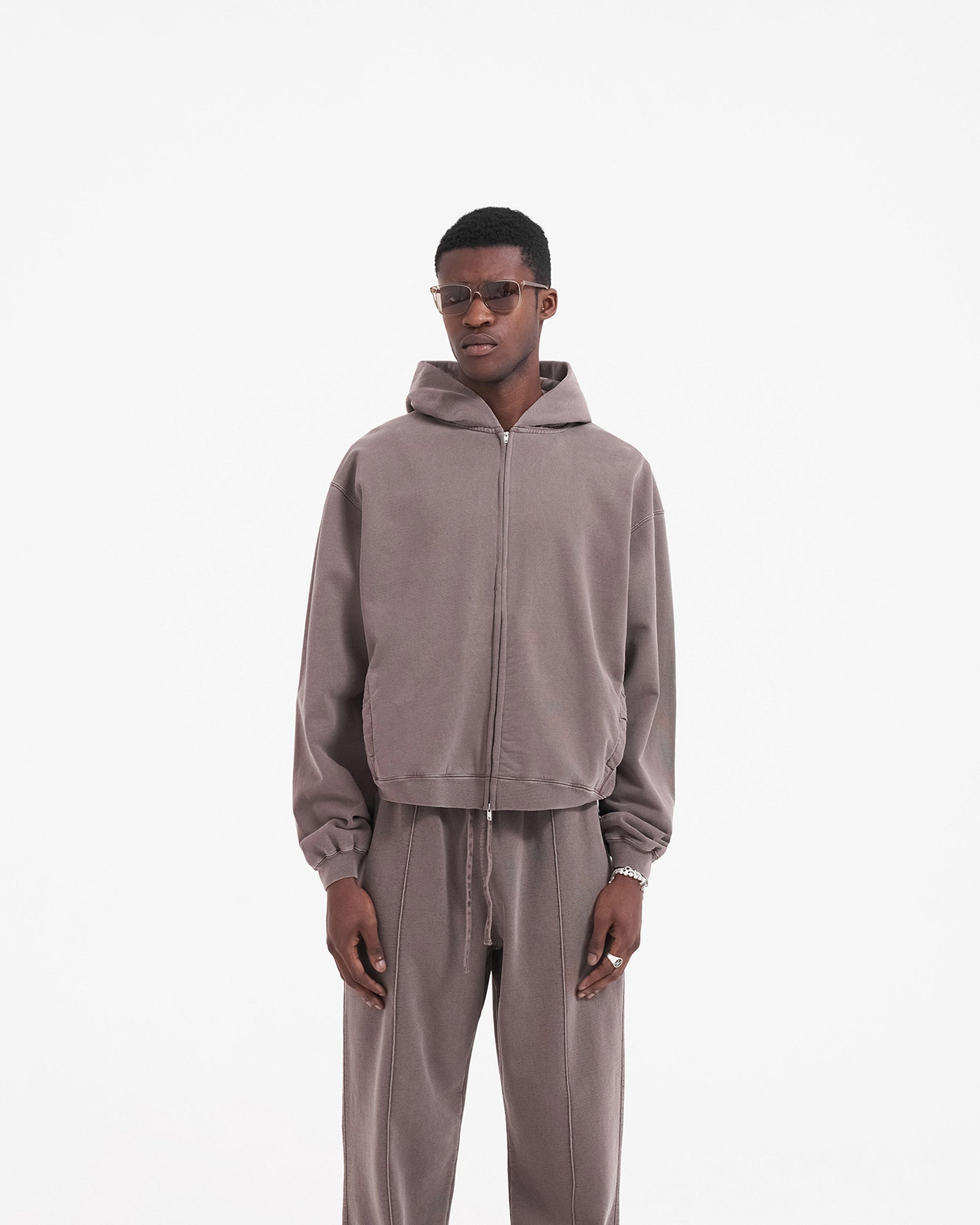 Back product image of a mens grey zip hoodie on a plain white background | Initial Zip Hoodie in Fog | Hoodie with welt pockets and embroidered logo | Initial Hoodies | Represent Clo