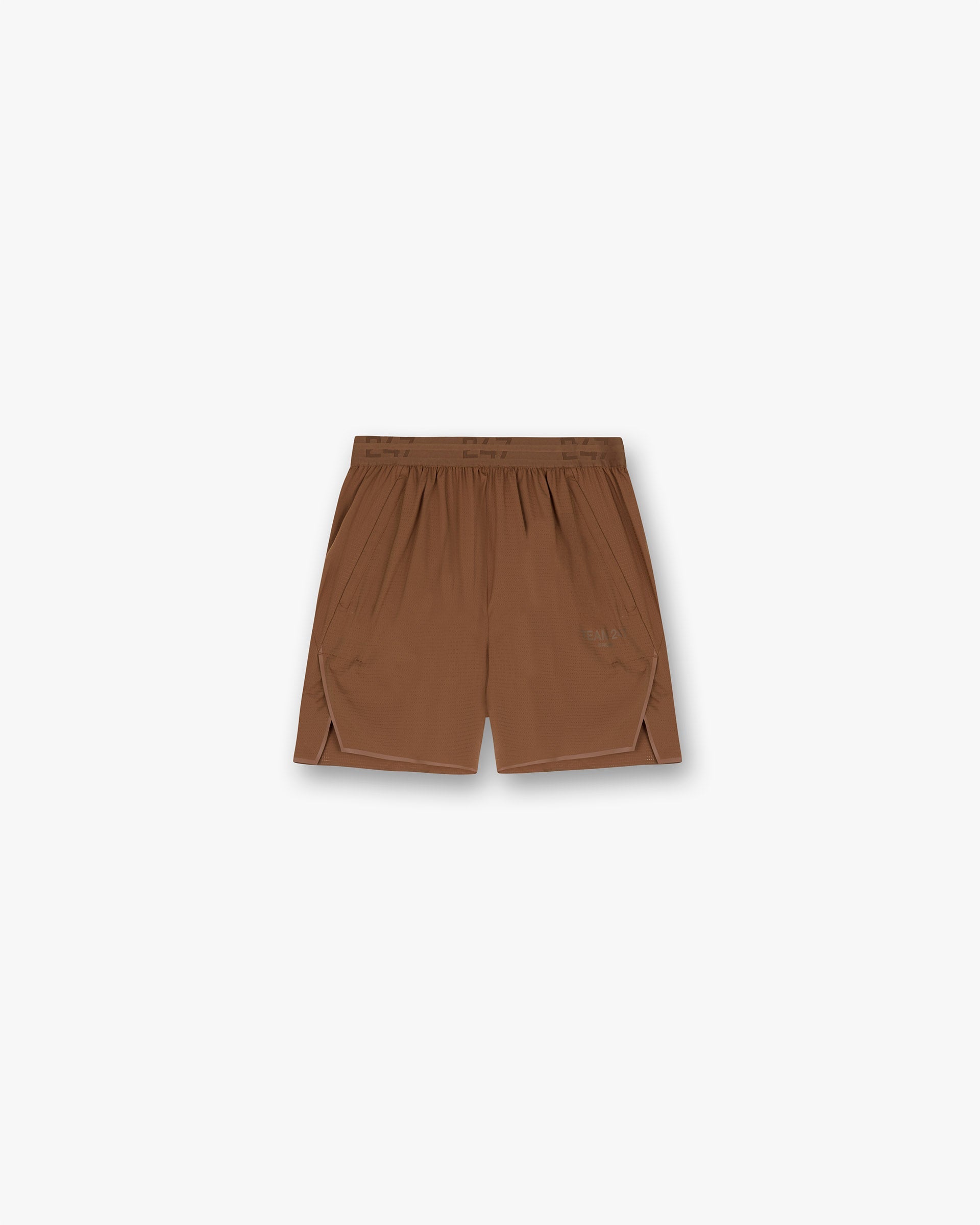 Front product image of mens rust shorts on a plain white background | Team 247 Aero Shorts in Rust | Sweat shorts with elasticised waist and drawcord | 247 Shorts | Represent Clo