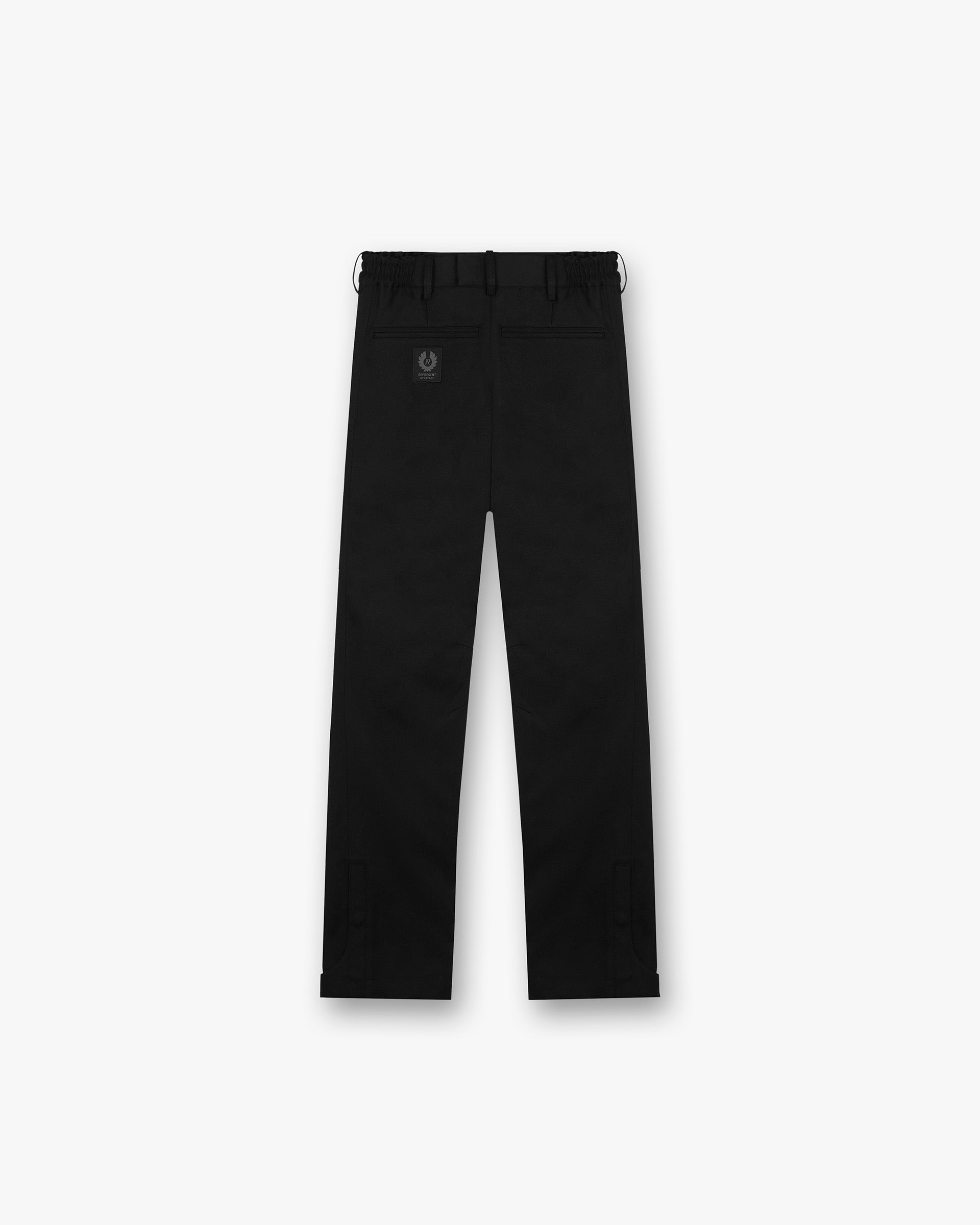 Back product image of mens black wool trousers on a plain white background | Represent X Belstaff Race Trouser in Black | Trousers with elasticated waistband and adjustable popper cuffs | Exclusives Pants | Represent Clo