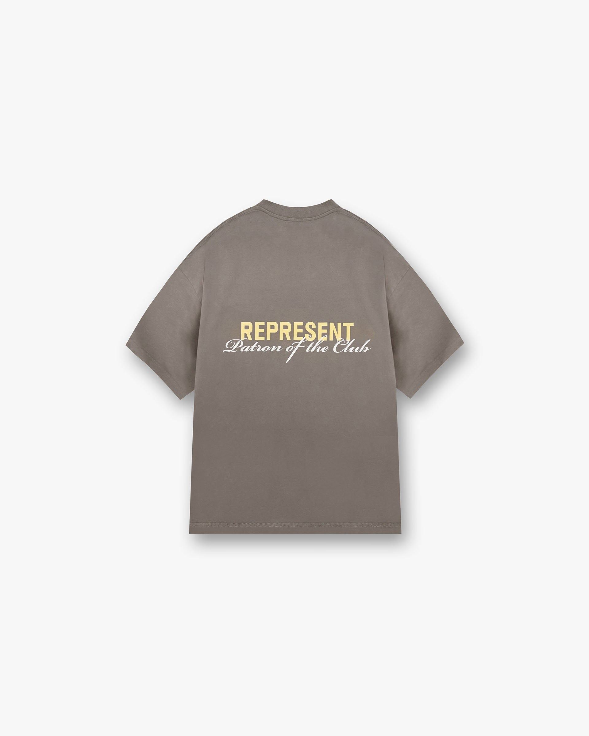 Back product image of a mens olive t-shirt on a plain white background | Patron Of The Club T-Shirt in Washed Olive | Slightly oversized t-shirt with fade out wash and screen print | Patrons T-Shirts | Represent Clo