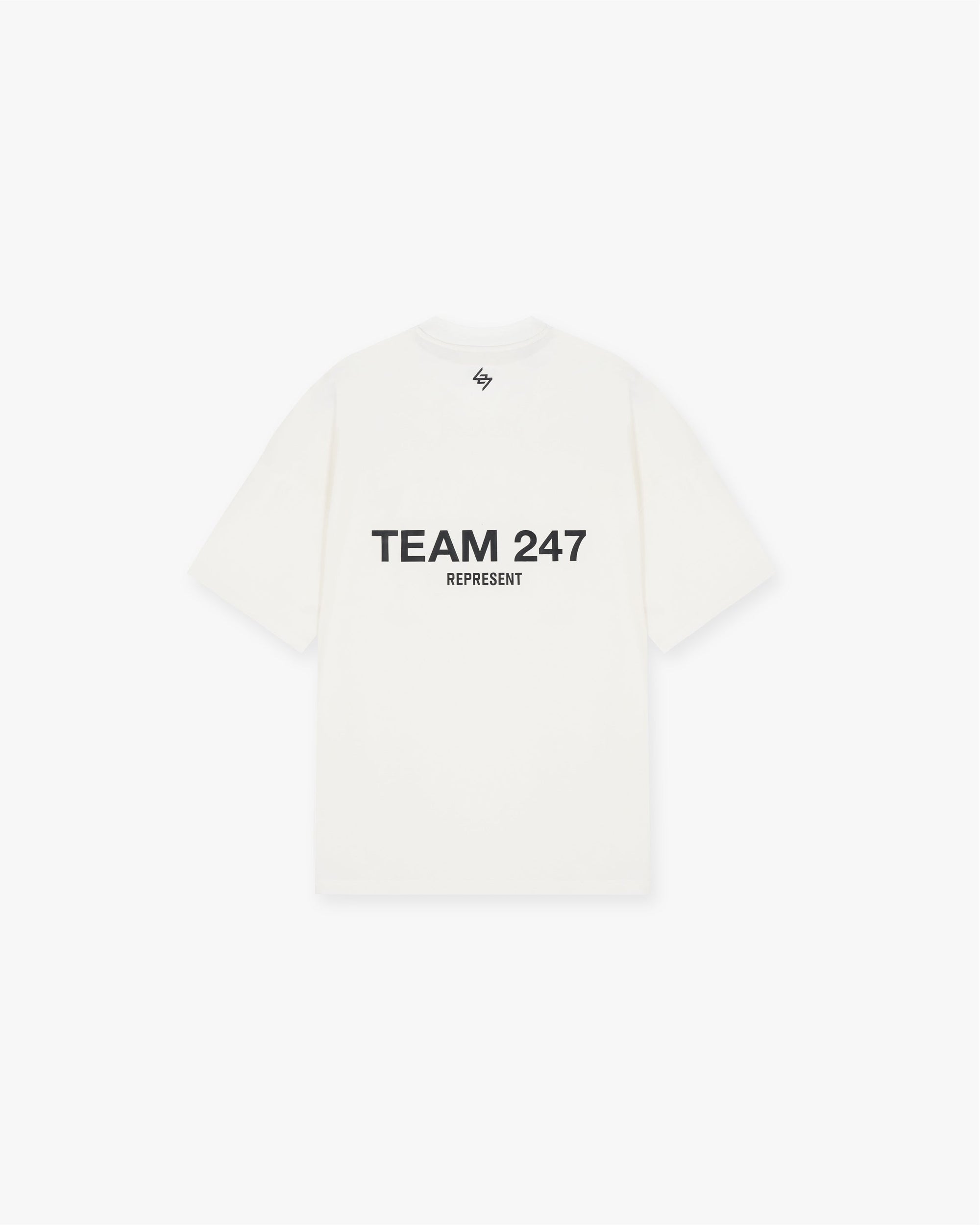 Back product image of a mens white t-shirt on a plain white background | Team 247 Oversized T-Shirt in Flat White | Oversized gym t-shirt with high build branding | 247 T-Shirts | Represent Clo