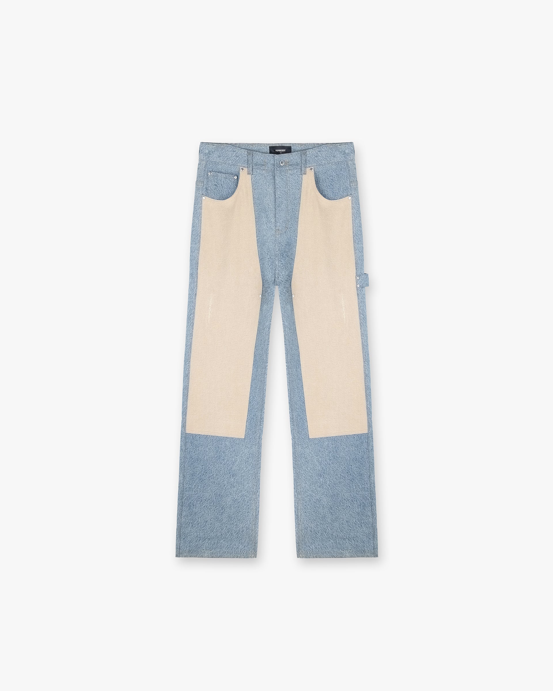 Front product image of mens blue denim on a plain white background | R3C V2 Colour Block Carpenter Denim in Blue | Denim with colour block design | SS24 Denim | Represent Clo