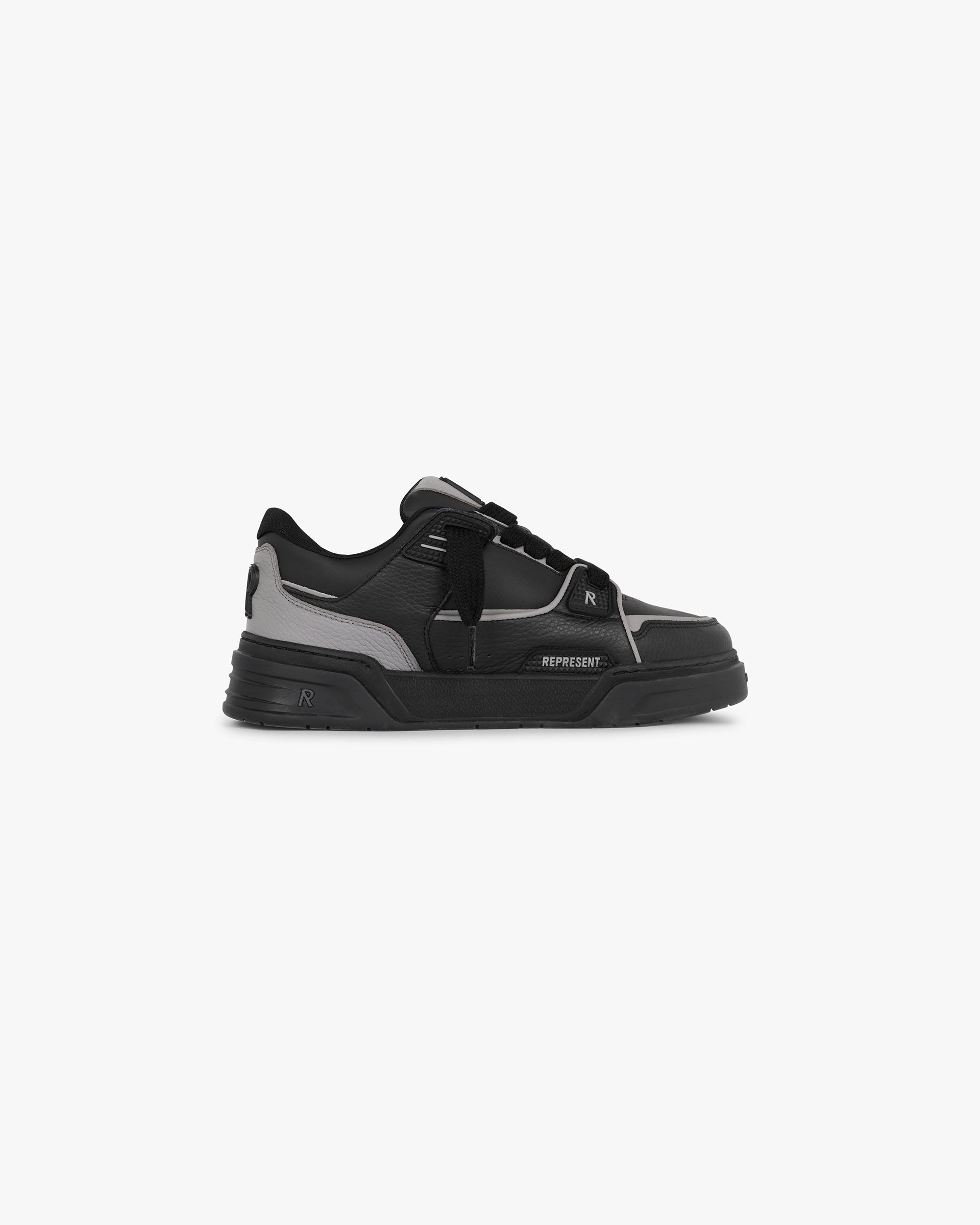 Front product image of mens black sneakers on a plain white background | Studio Sneaker in Triple Black | Italian leather and nubuck upper sneakers | FW24 Footwear | Represent Clo