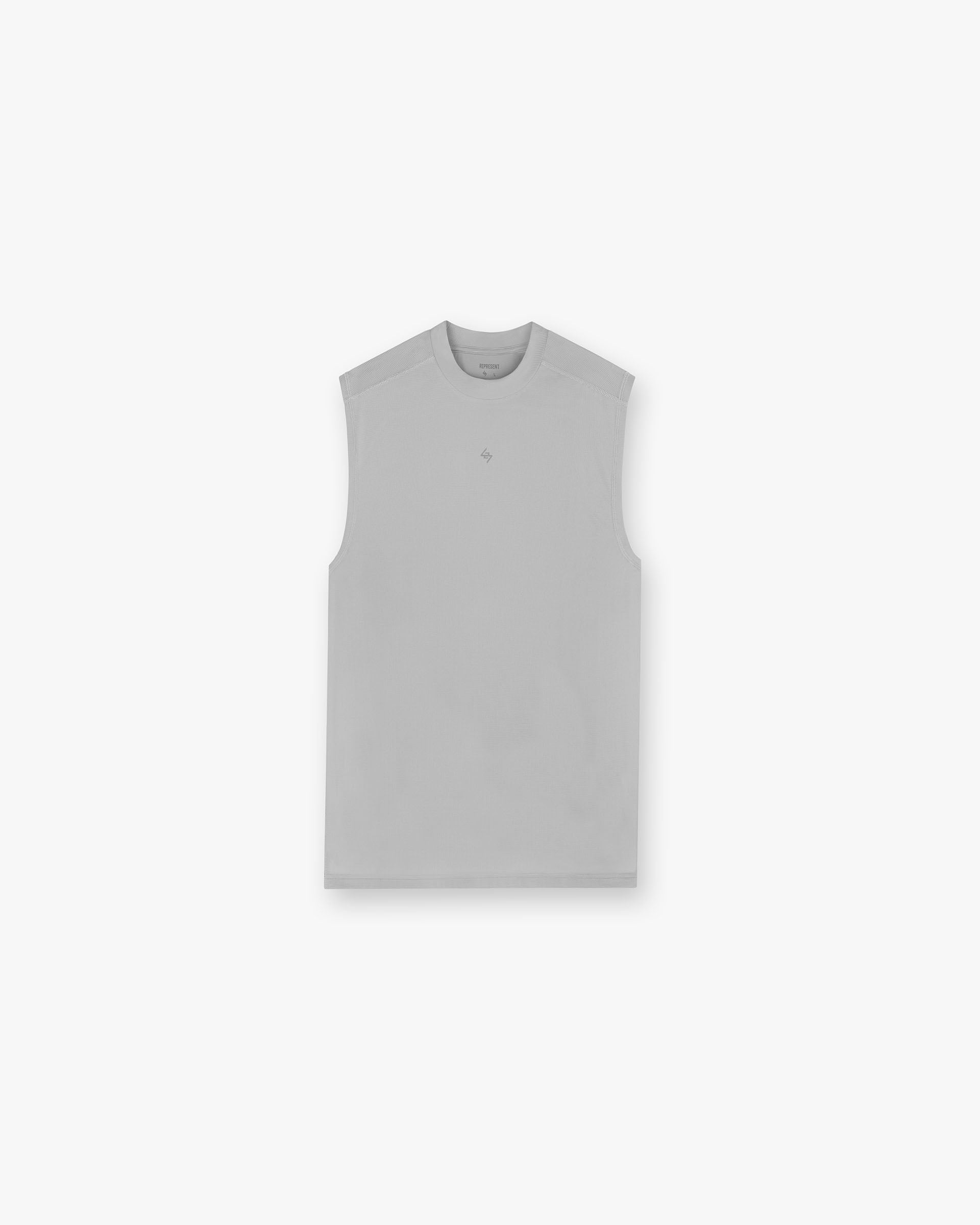 Back product image of a mens grey running tank on a plain white background | 247 Contour Run Tank in Titanium | Breathable mesh running tank with contour print | 247 T-Shirts | Represent Clo