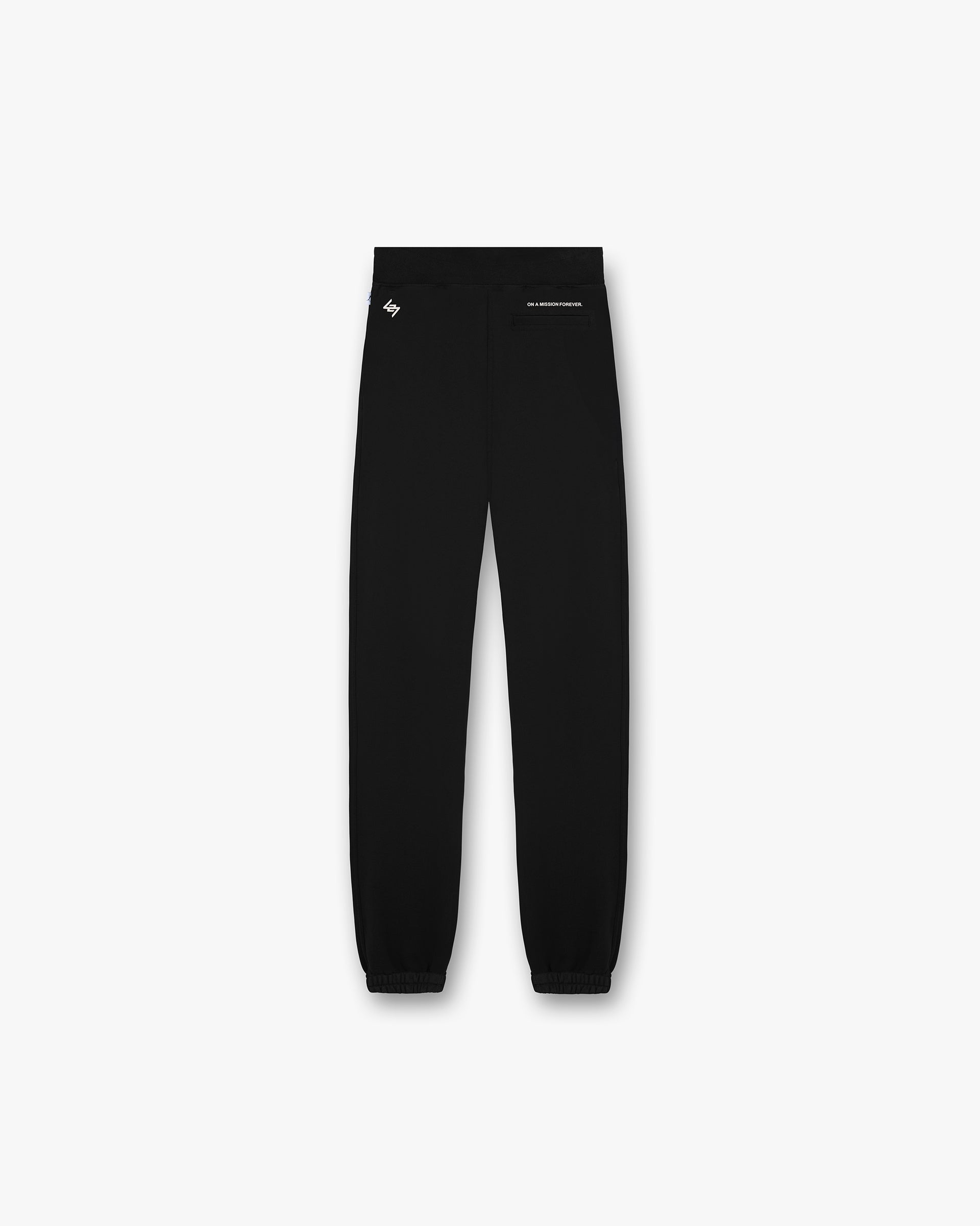 Back product image of mens black sweatpants on a plain white background | 247 X Puma Sweatpant in Black | Sweatpants with 3D silicon logos and elasticated cuffs | 247 Pants | Represent Clo