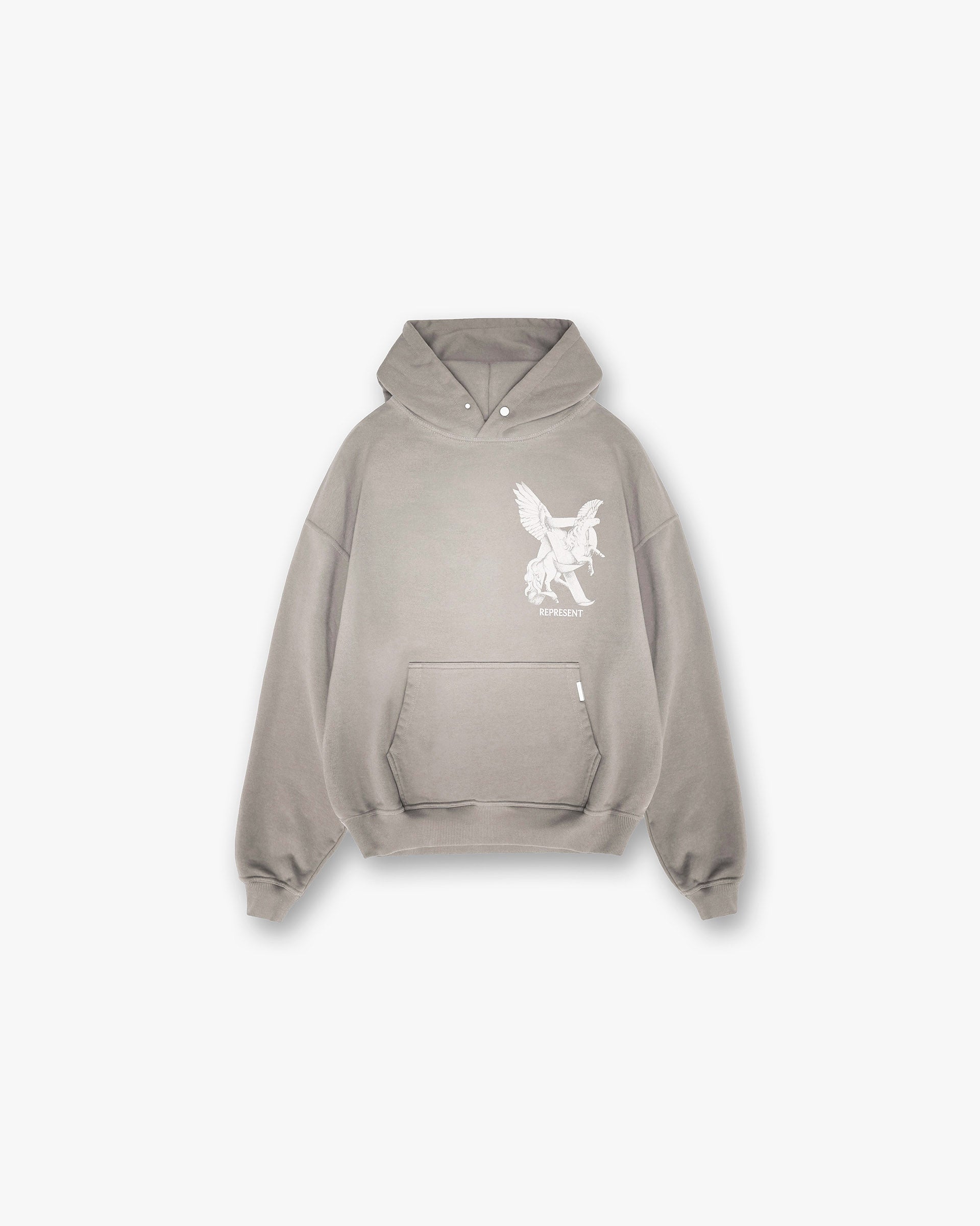 Front product image of a womens grey hoodie on a plain white background | Elegance In Motion Hoodie in Thunder | Oversized hoodie with a relaxed fit | SS25 Hoodies | Represent Clo