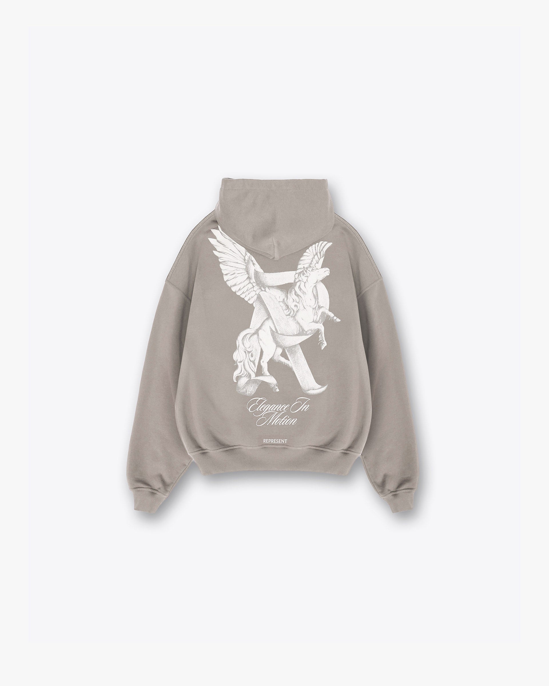 Back product image of a mens grey hoodie on a plain white background | Elegance In Motion Hoodie in Thunder | Oversized hoodie with graphic and popper fastening | SS25 Hoodies | Represent Clo
