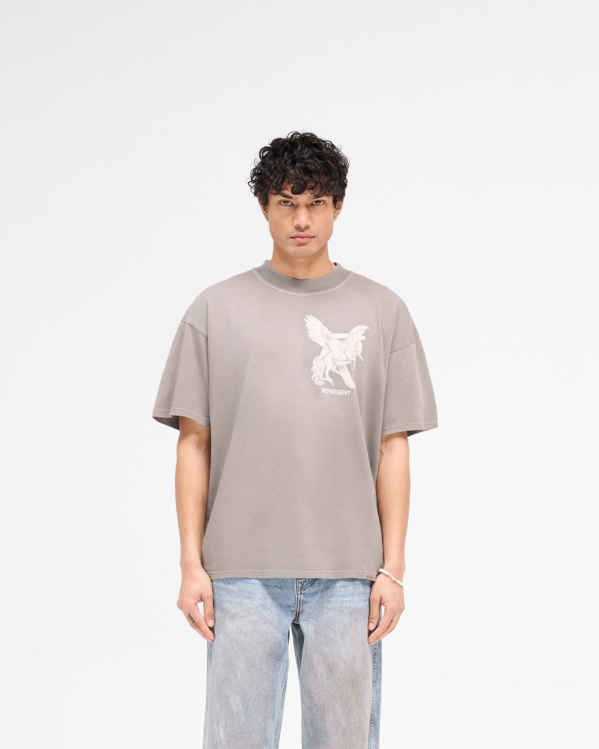 Man wearing a grey t-shirt on a plain white background | Elegance In Motion T-Shirt in Thunder | Slightly oversized t-shirt with graphic | SS25 T-Shirts | Represent Clo