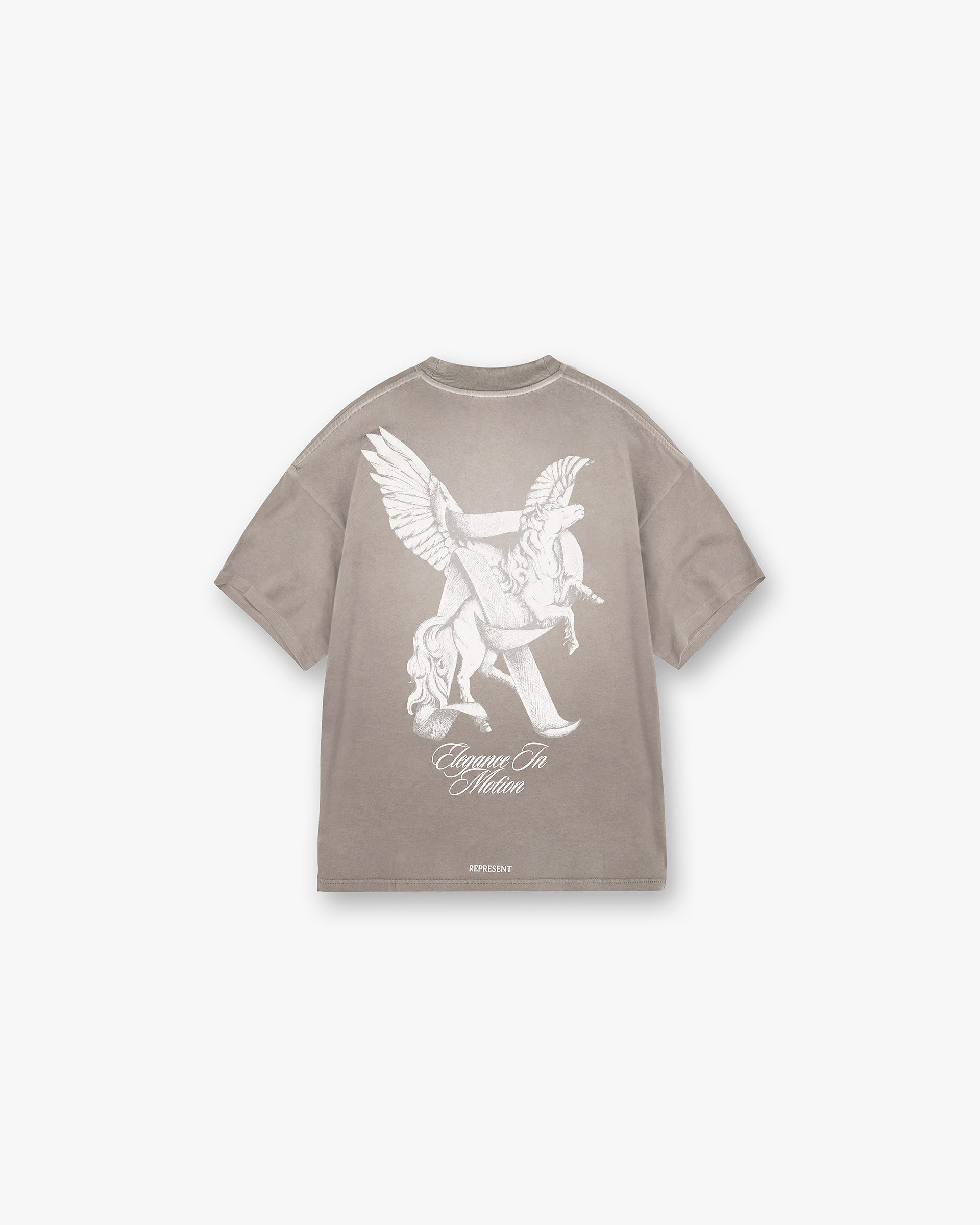Back product image of a mens grey t-shirt on a plain white background | Elegance In Motion T-Shirt in Thunder | Slightly oversized t-shirt with graphic and metal bar logo | SS25 T-Shirts | Represent Clo