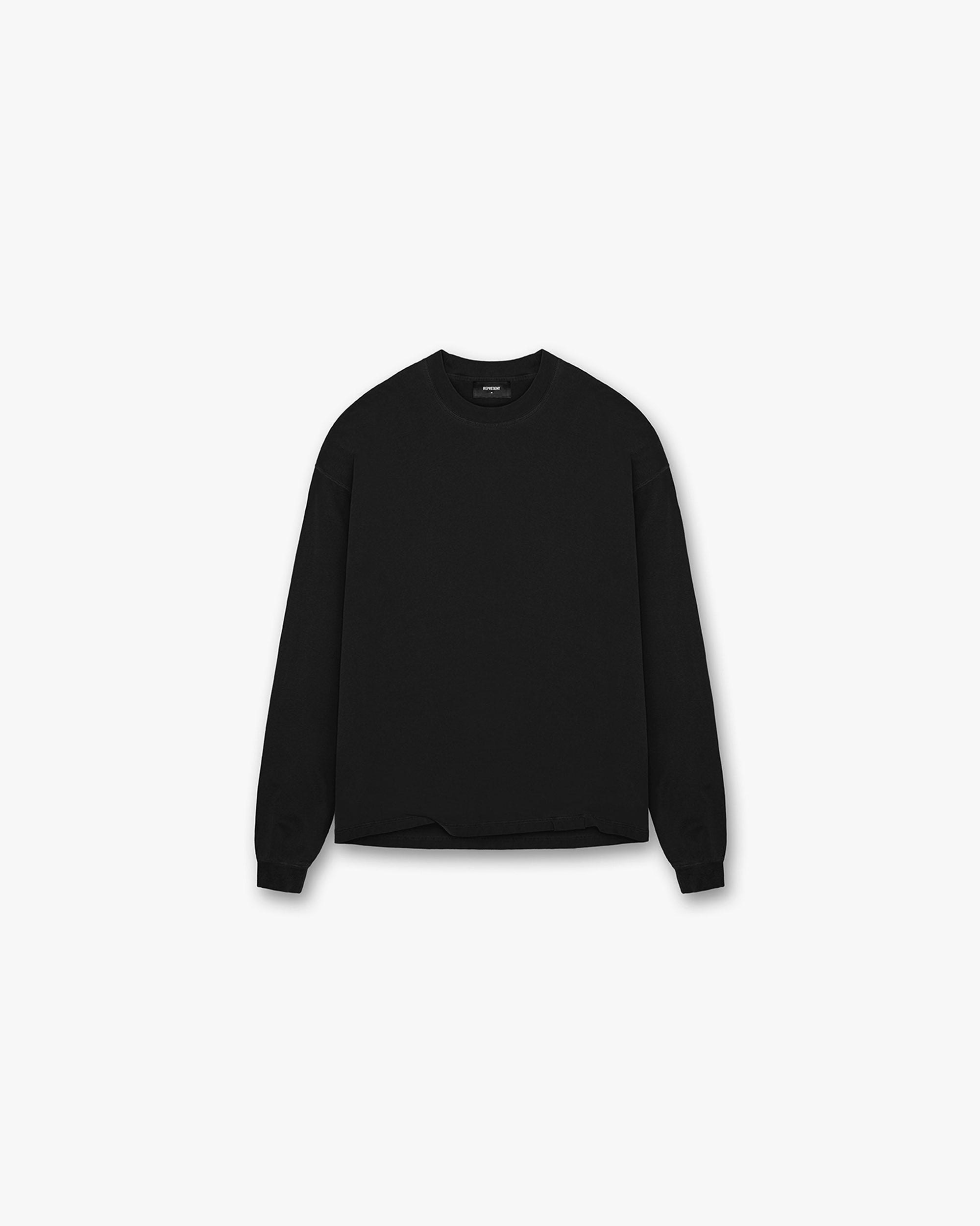 Front product image of a mens black long sleeve t-shirt on a plain white background | Initial Long Sleeve T-Shirt in Jet Black | Soft cotton long sleeve t-shirt | Initial T-Shirts | Represent Clo