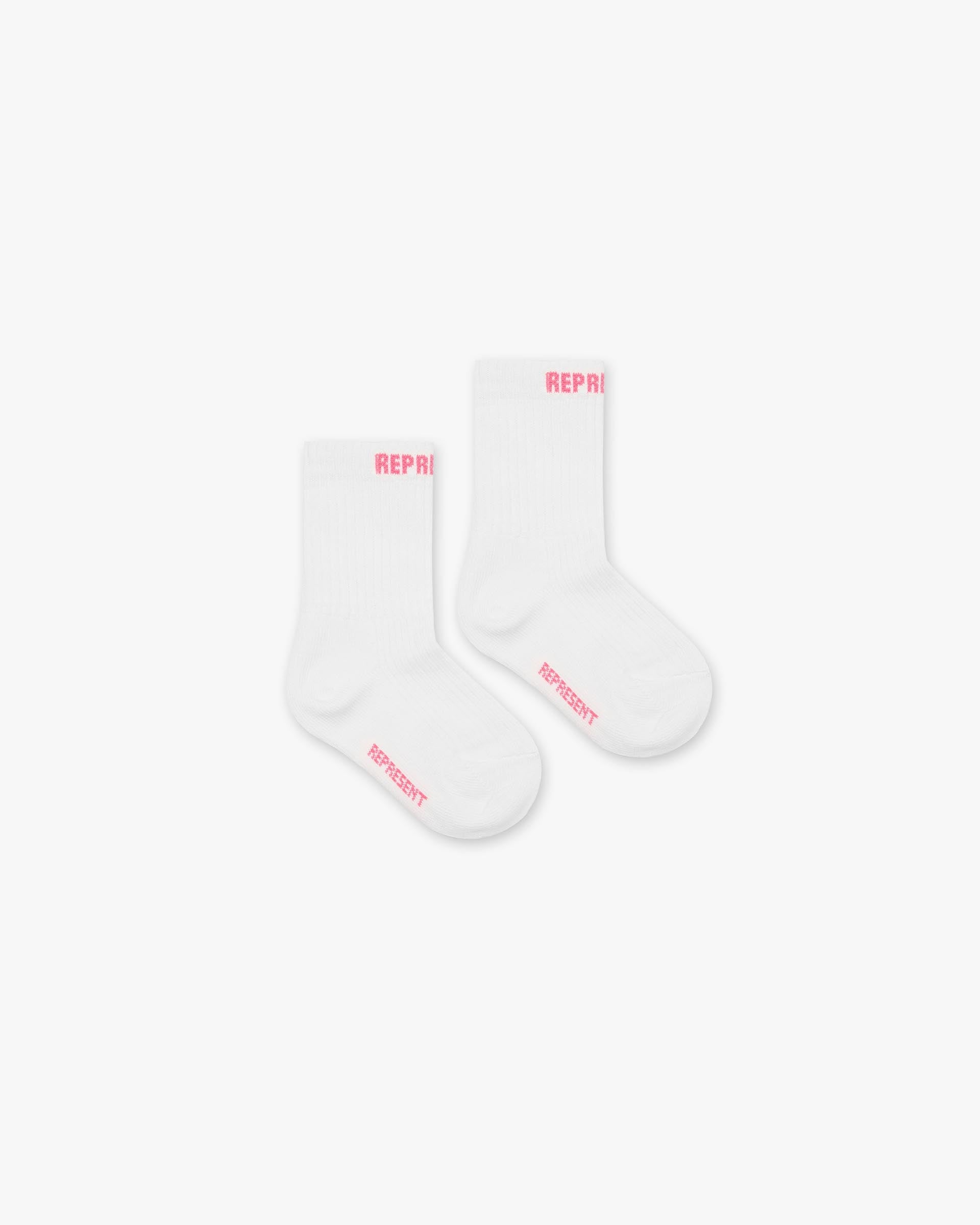 Front product image of kids pink socks on a plain white background | Mini Represent Socks 3 Pack in Bubblegum Pink | Pack of three kids socks | Mini Accessories | Represent Clo