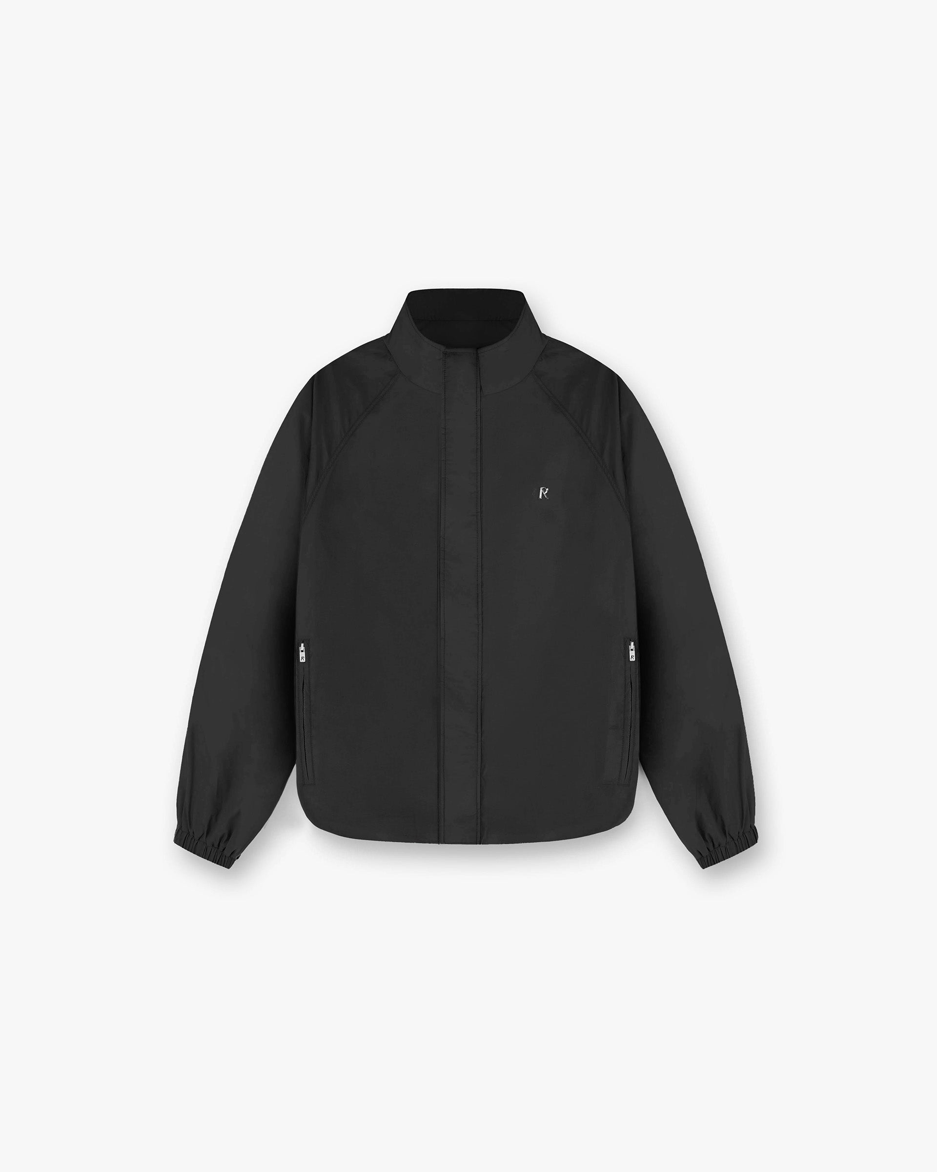 Front product image of a mens black funnel neck jacket on a plain white background | Funnel Neck Jacket in Black | Outerwear with minimalist design and embedded logo | SS25 Outerwear | Represent Clo