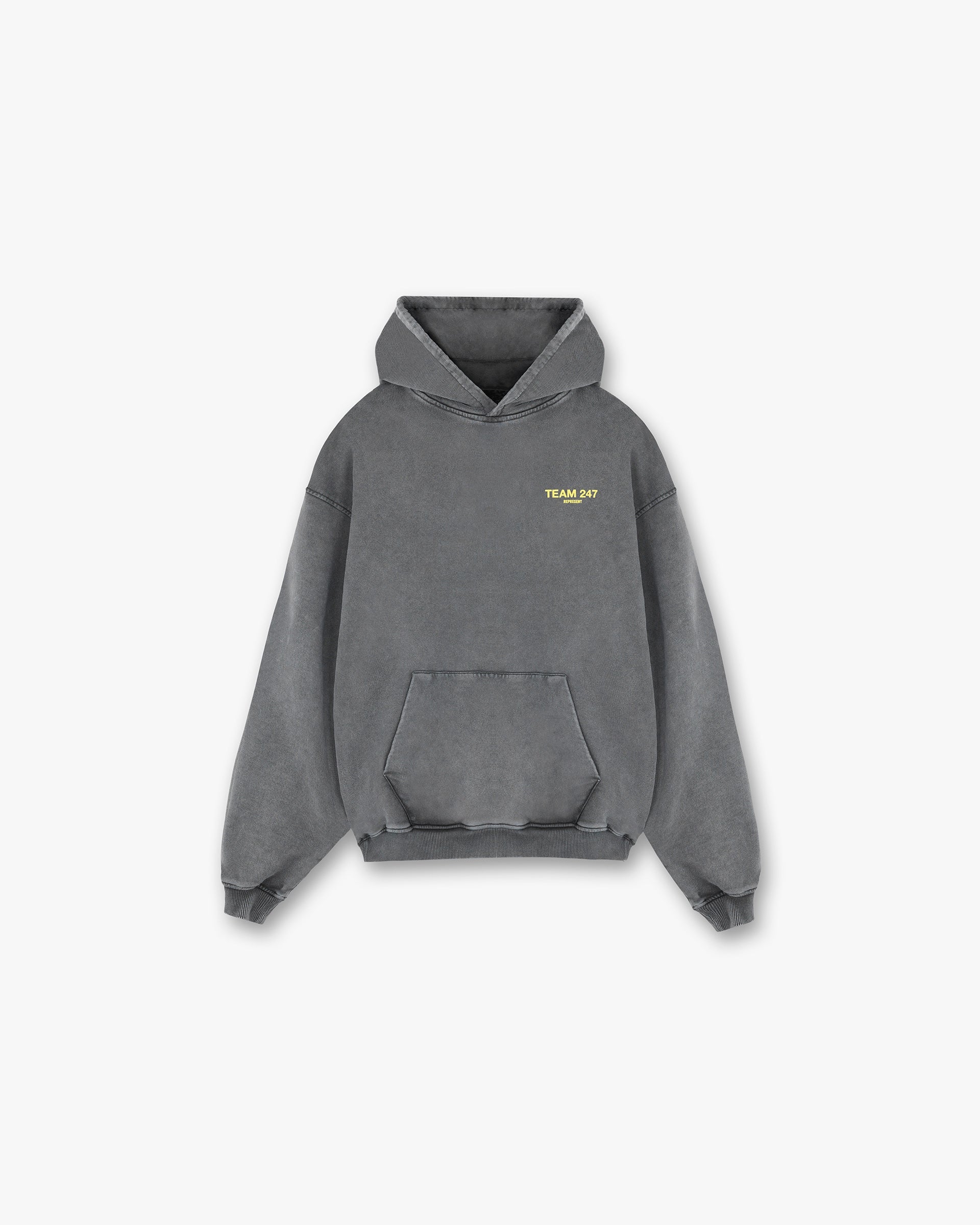 Front product image of a mens grey hoodie on a plain white background | Team 247 Oversized Hoodie in Pewter Lemon | Oversized hoodie with Team 247 branding | 247 Hoodies | Represent Clo
