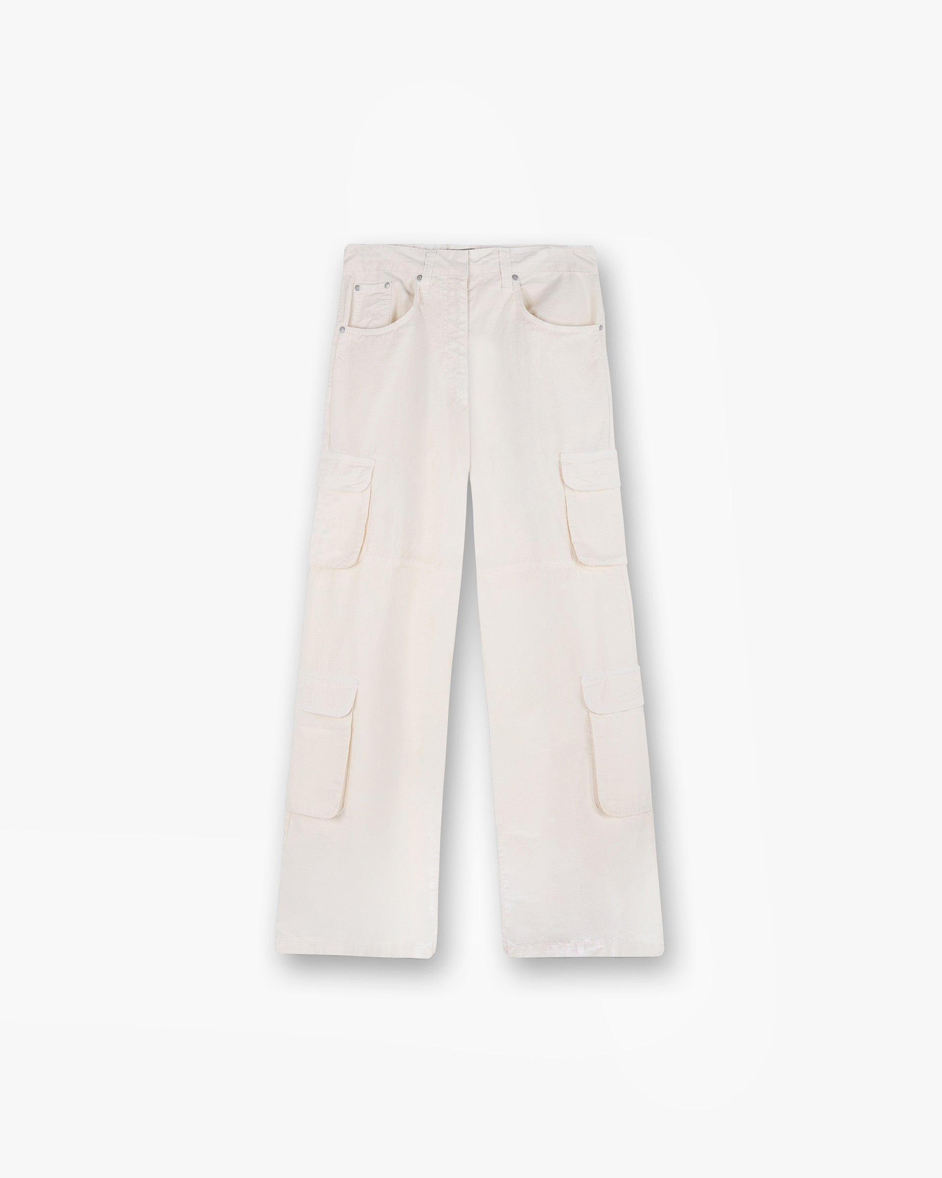 Front product image of womens white cargo pants on a plain white background | Fender Cargo in Antique White | Cargo pants with practical pockets | SS25 Bottoms | Represent Clo