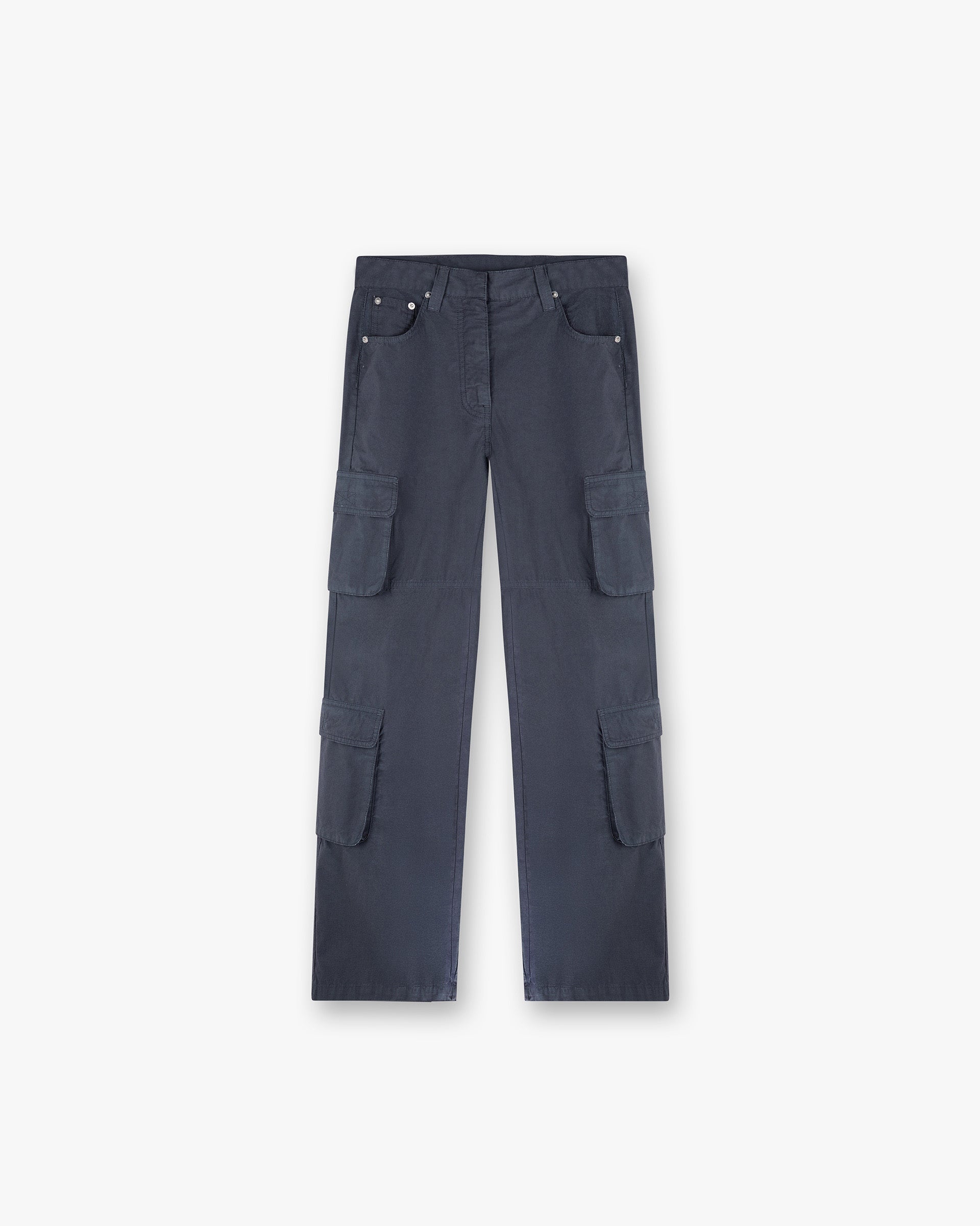 Front product image of womens blue cargo pants on a plain white background | Fender Cargo in Steel Blue | Cargo pants with zip pockets and side split hem | Womens SS25 Bottoms | Represent Clo