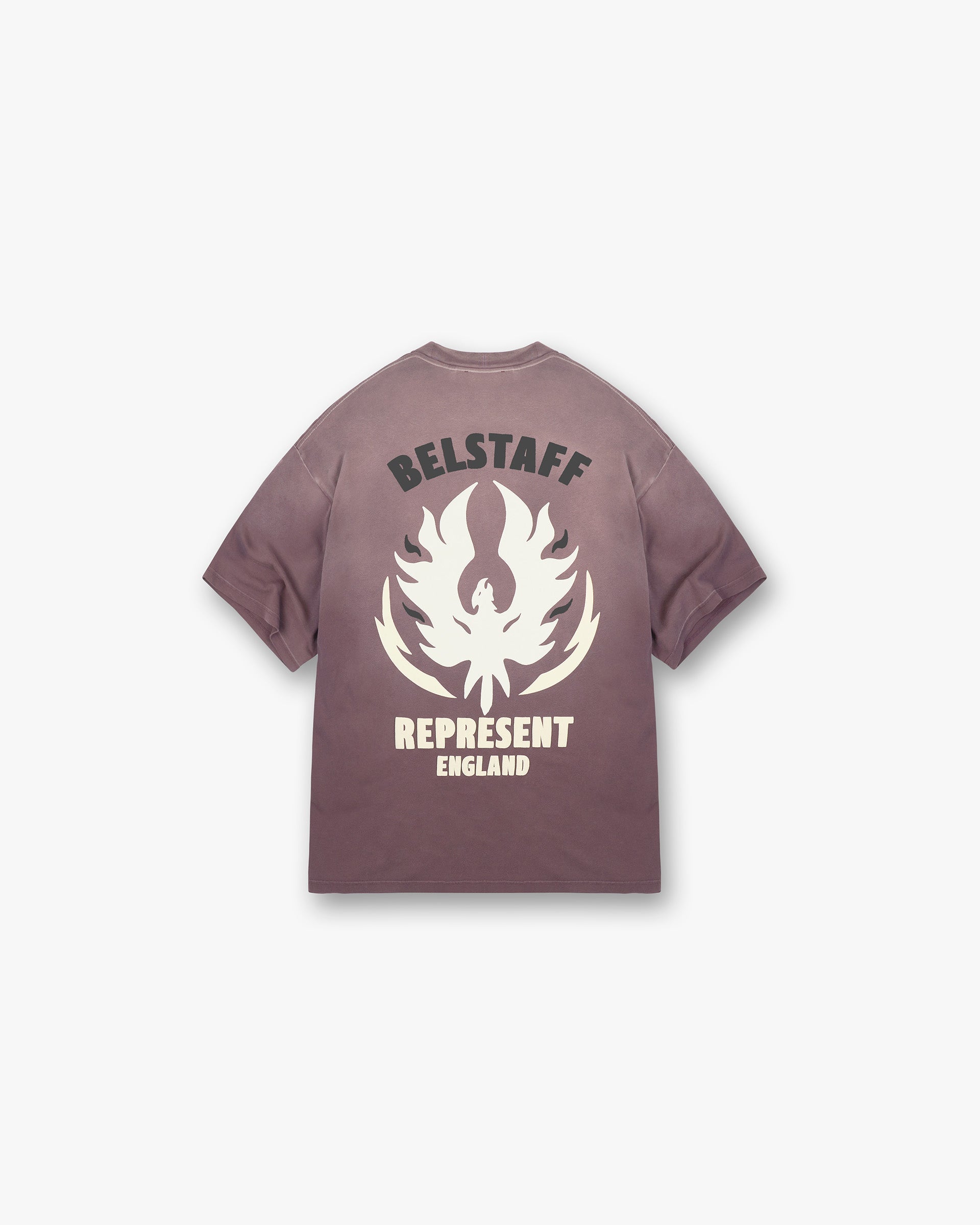 Back product image of a mens plum t-shirt on a plain white background | Represent X Belstaff Flame Phoenix T-Shirt in Plum | T-shirt with stylised Initial and Phoenix logos | Exclusives T-Shirts | Represent Clo