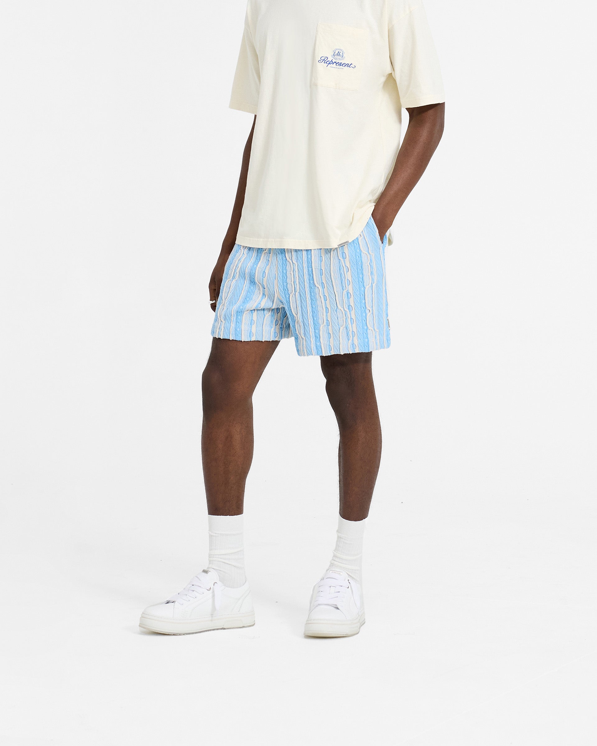 Back product image of mens blue shorts on a plain white background | Mixed Knit Shorts in Royal Blue | Shorts with elasticated waistband | SC24 Shorts | Represent Clo