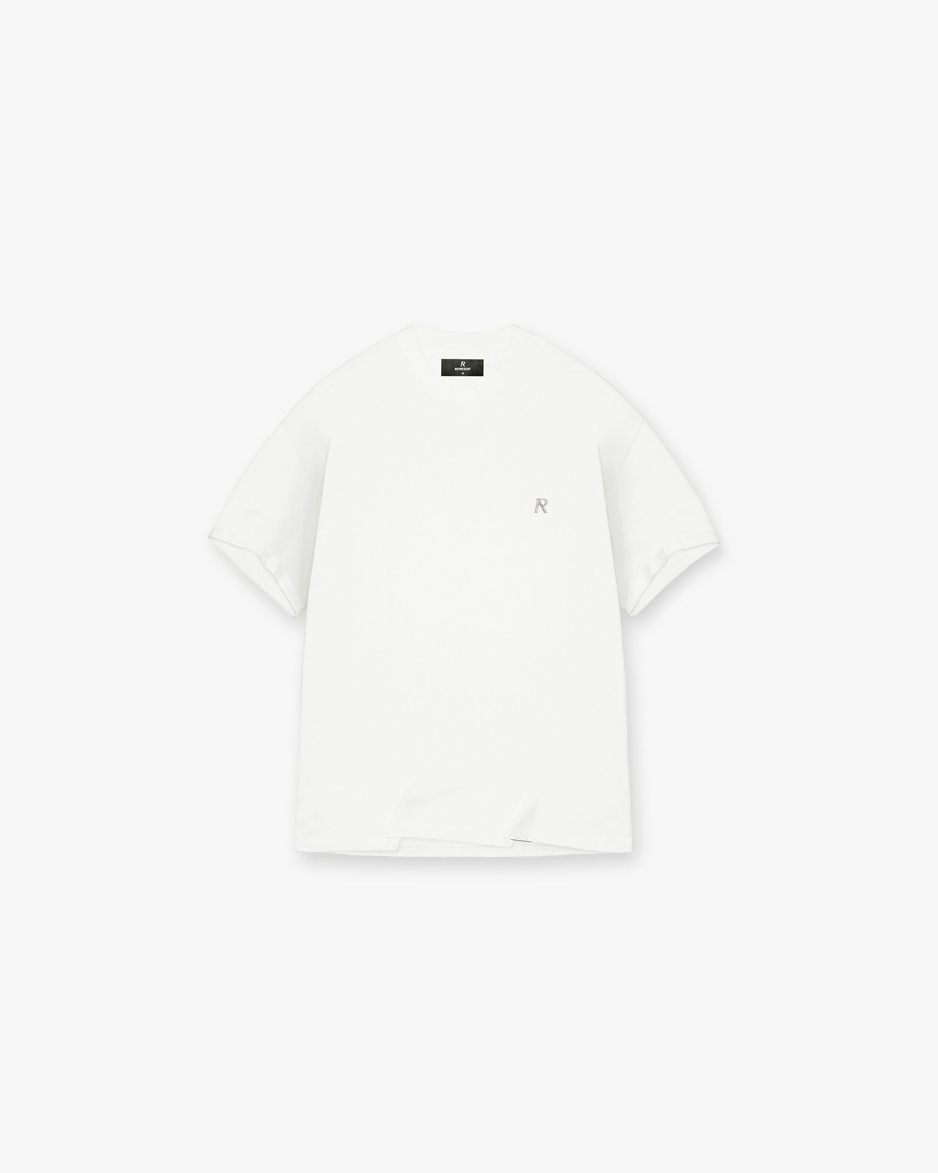 Front product image of a mens white t-shirt on a plain white background | Metal Initial R T-Shirt in Flat White | 100% cotton relaxed fit t-shirt | PRE SS25 T-Shirts | Represent Clo
