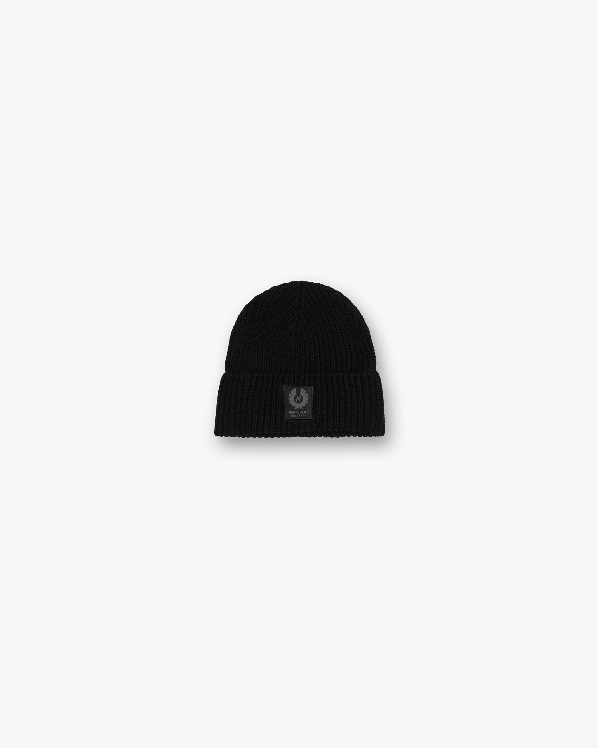 Front product image of a mens black beanie on a plain white background | Represent X Belstaff Patch Beanie in Black | Knit beanie with patch detail | Exclusives Accessories | Represent Clo