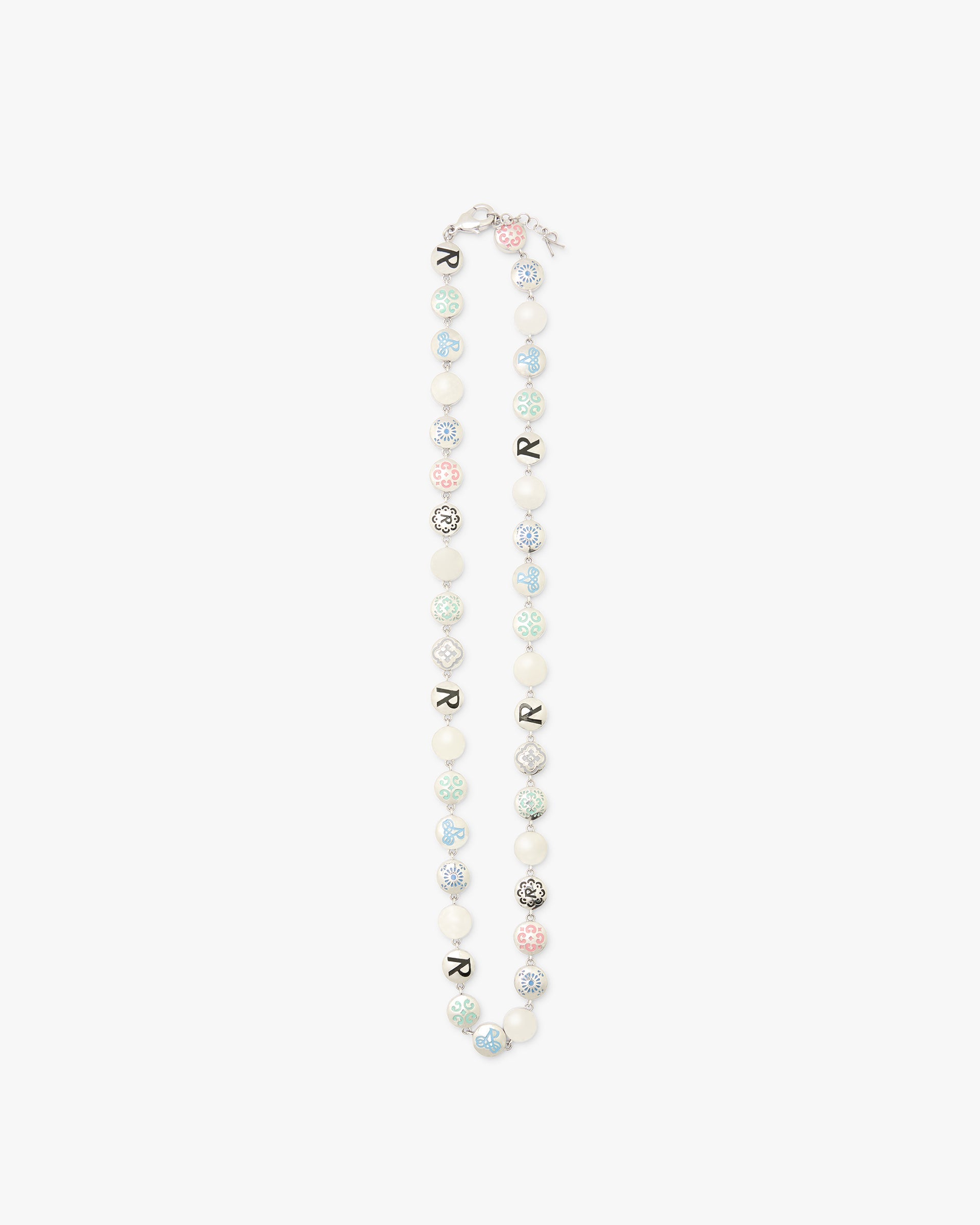 Front product image of a mens silver beaded necklace on a plain white background | Enameled Bead Necklace in Silver | Elegant beaded necklace for stylish accessorizing | FW24 Accessories | Represent Clo