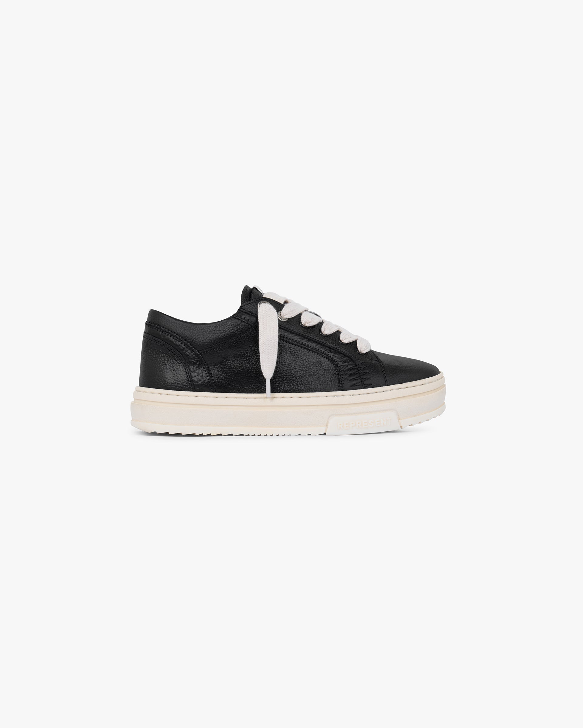 Front product image of a mens black leather shoe on a plain white background | HTN Low Tumbled Leather in Black | Tumbled leather footwear with a low profile | FW24 Footwear | Represent Clo