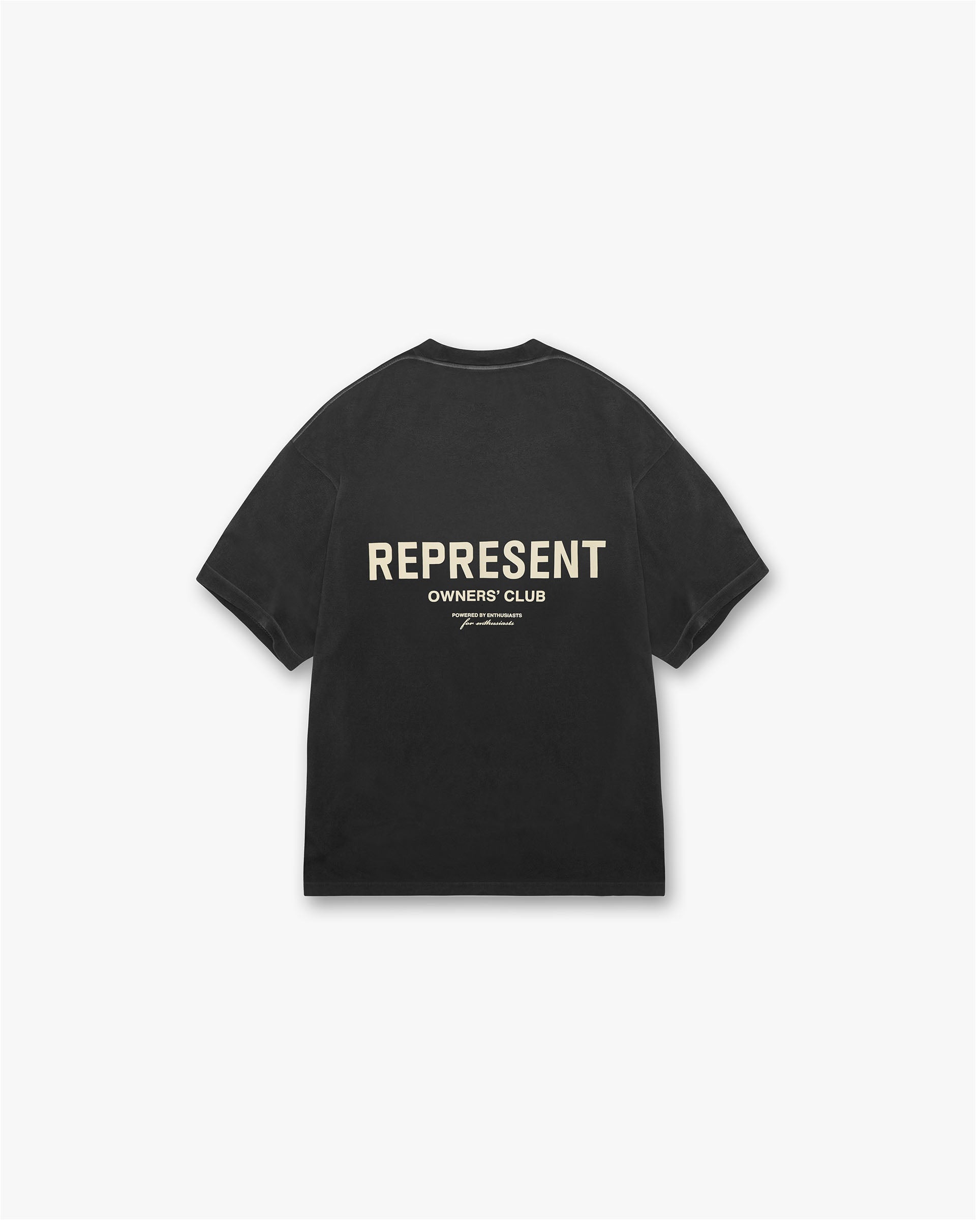 Front product image of a mens black t-shirt on a plain white background | Represent Owners Club T-Shirt in Aged Black | T-shirt with cracked prints and vintage wash | Owners Club T-Shirts | Represent Clo