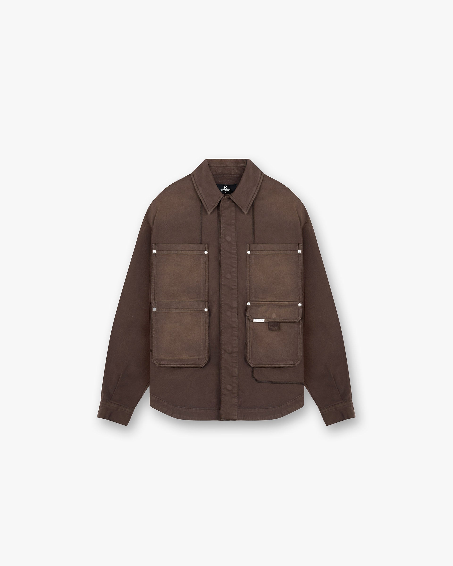 Front product image of a mens brown shirt on a plain white background | Workshop Shirt in Cedar | Brown shirt with classic collar | FW24 Shirts | Represent Clo