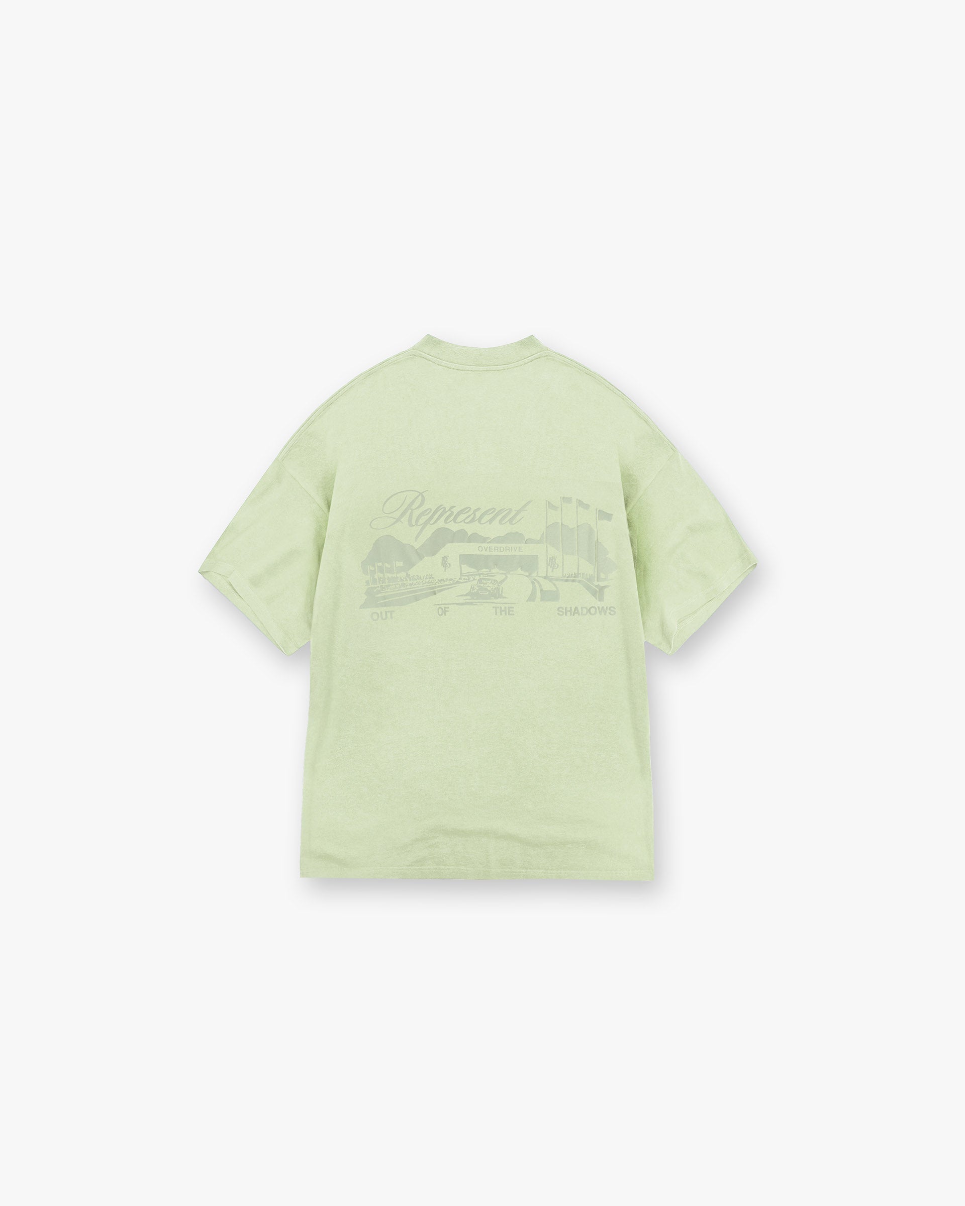 Back product image of a mens green t-shirt on a plain white background | Raceway T-Shirt in Matcha | Slightly oversized t-shirt with puff print graphic | SS25 T-Shirts | Represent Clo