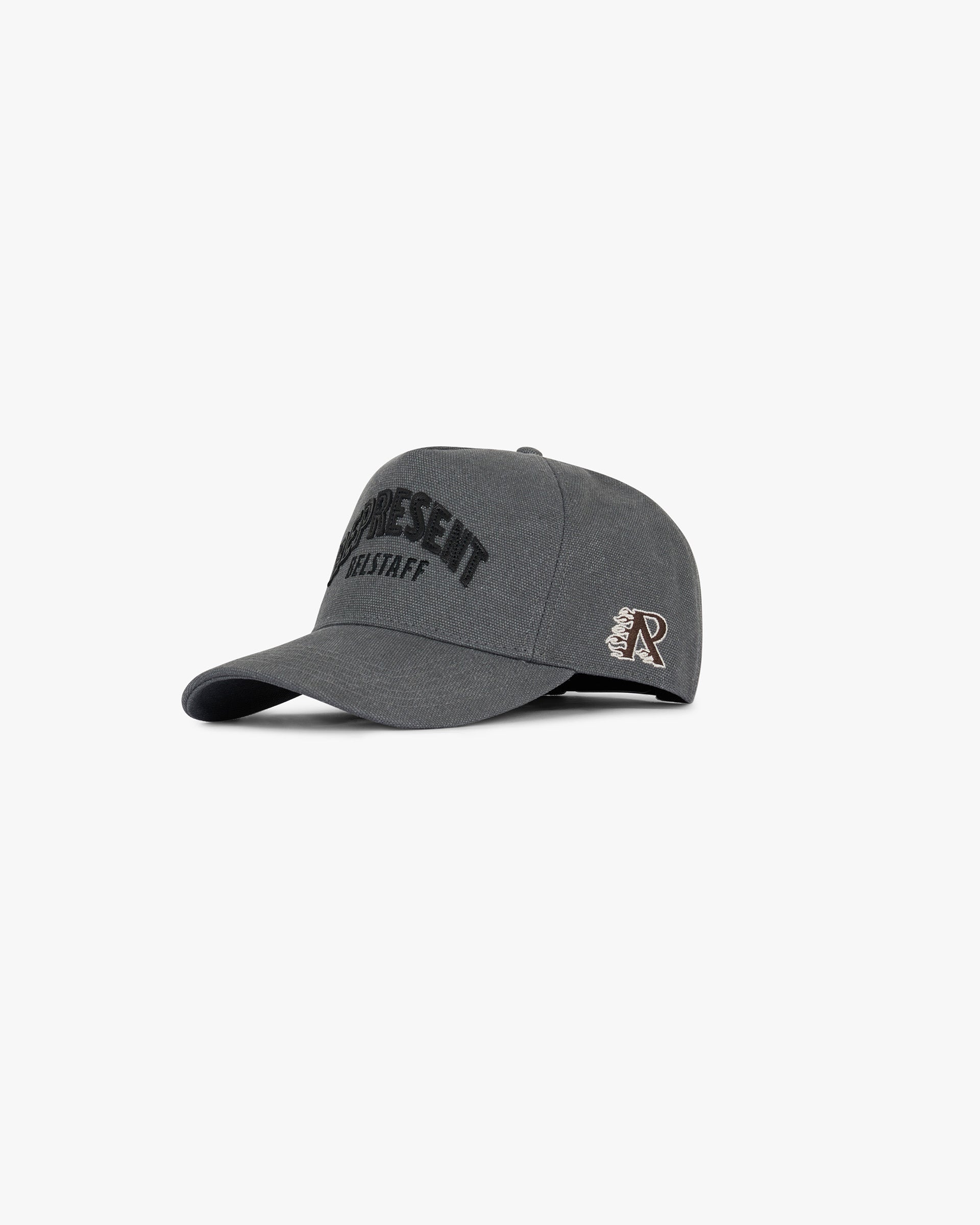 Front product image of a mens black cap on a plain white background | Represent X Belstaff Cap in Shadow | Exclusive accessories collection | Represent Clo
