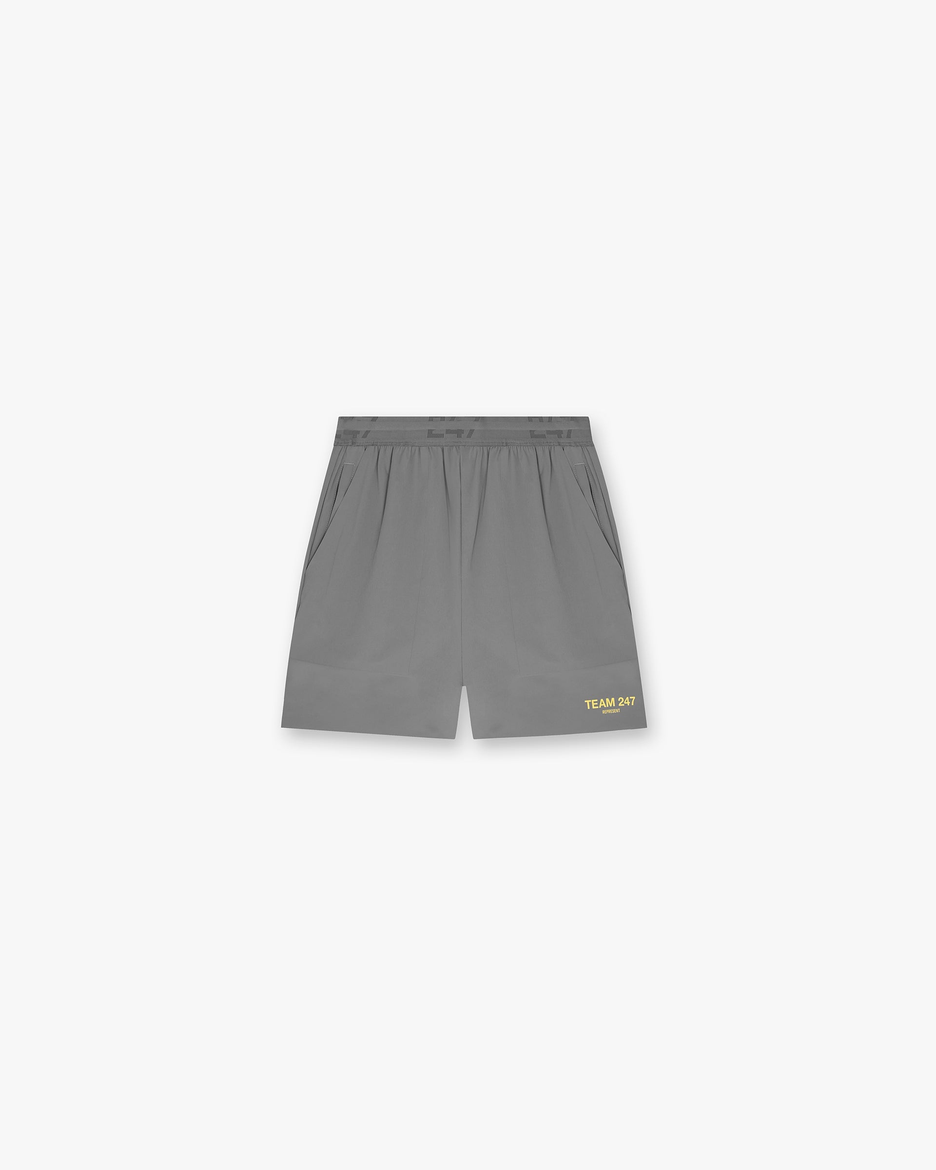 Front product image of mens grey shorts on a plain white background | Team 247 Fused Shorts in Pewter Lemon | Shorts with Realtree Camo design | 247 Shorts | Represent Clo