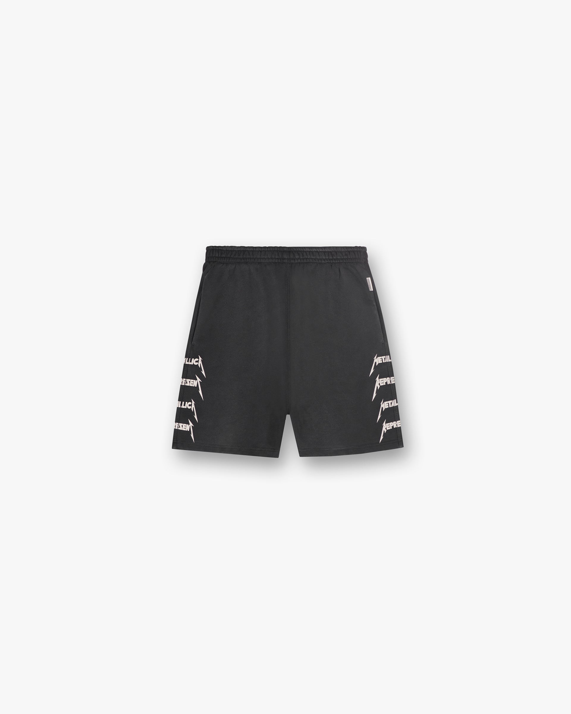 Front product image of mens black shorts on a plain white background | Represent X Metallica Local Crew Short in Stained Black | Rough outer shorts | SS24 Shorts | Represent Clo