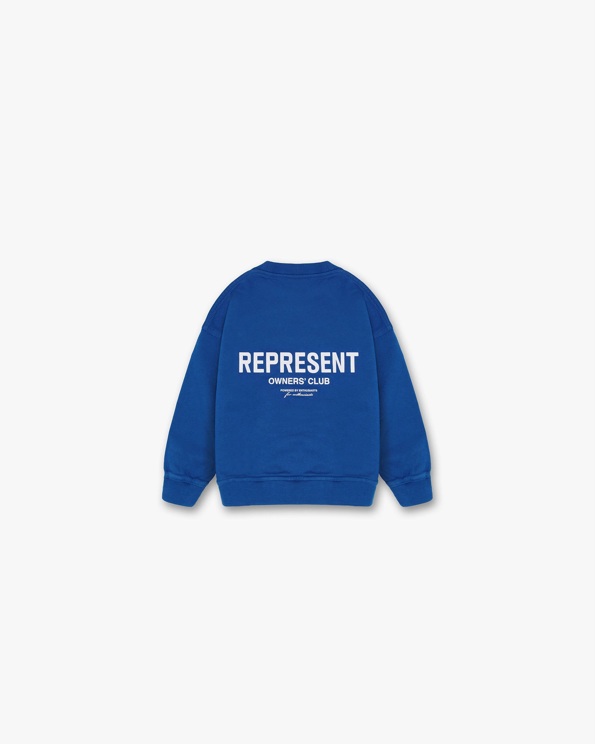 Front product image of a childs blue sweater on a plain white background | Represent Mini Owners Club Sweater in Cobalt | Sweater designed for kids | Owners Club Sweaters | Represent Clo